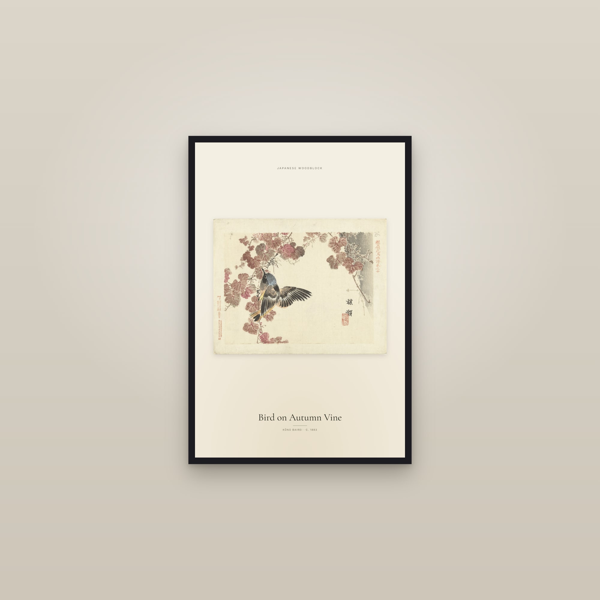 Bird on Autumn Vine — framed in a gallery setting