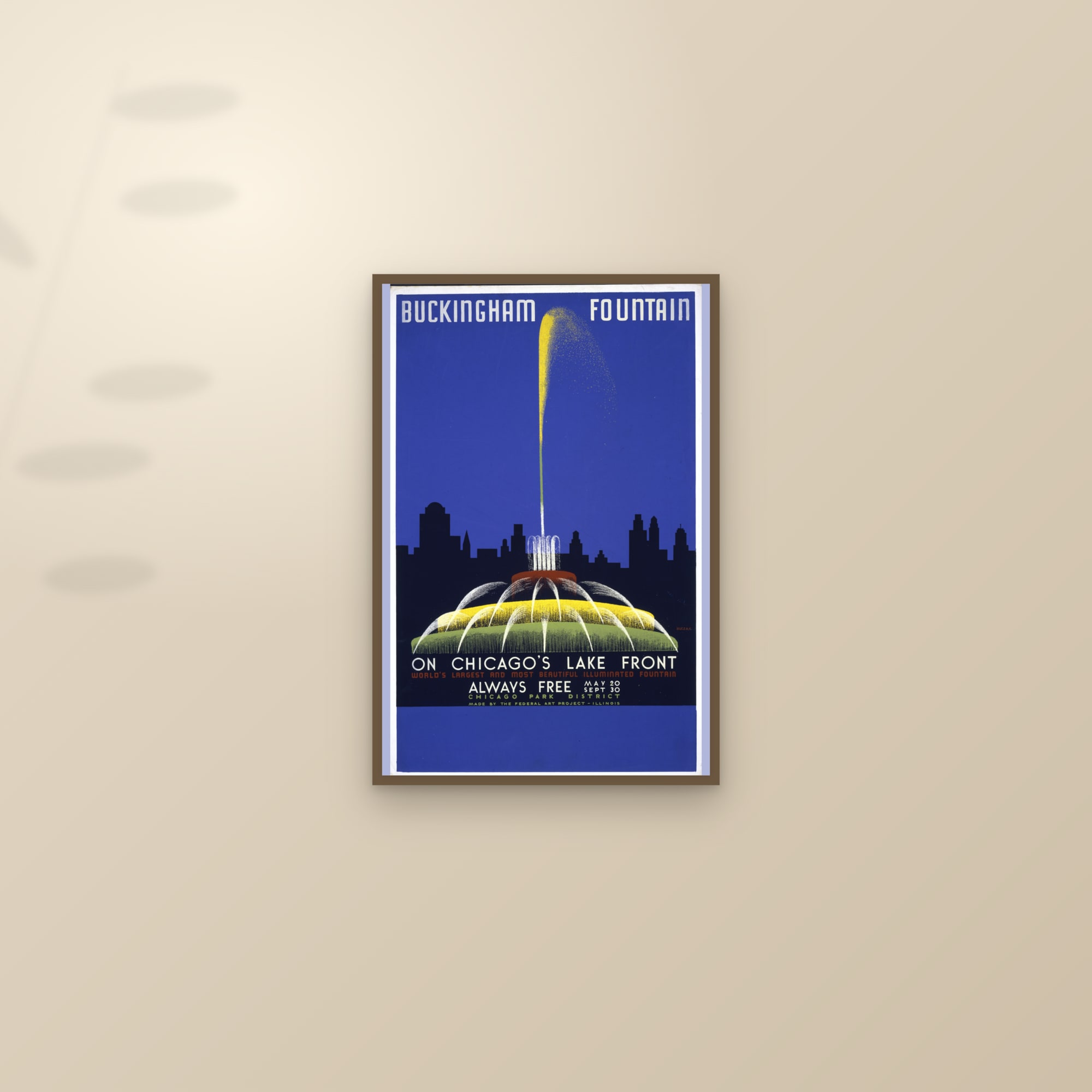 Buckingham Fountain — On Chicago's Lake Front — framed and styled on a sunlit wall