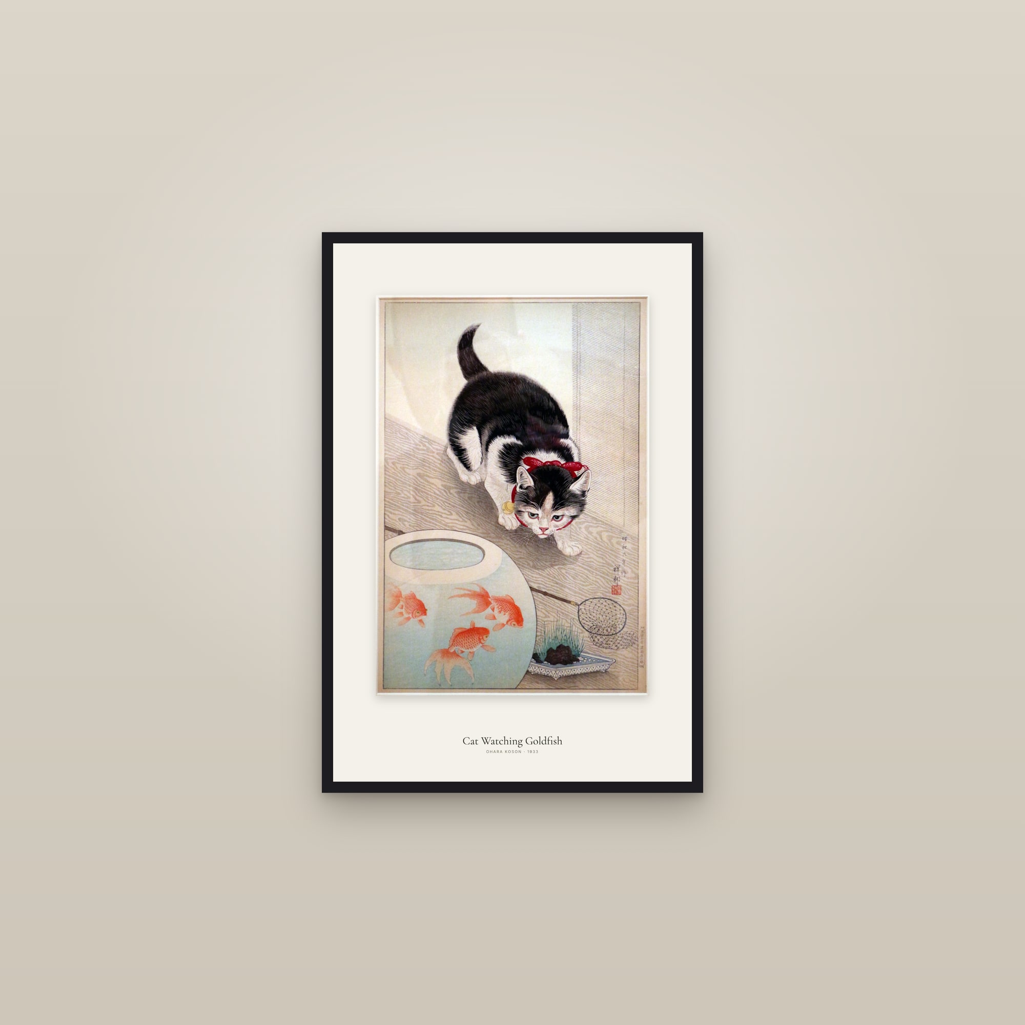 Cat Watching Goldfish — framed in a gallery setting
