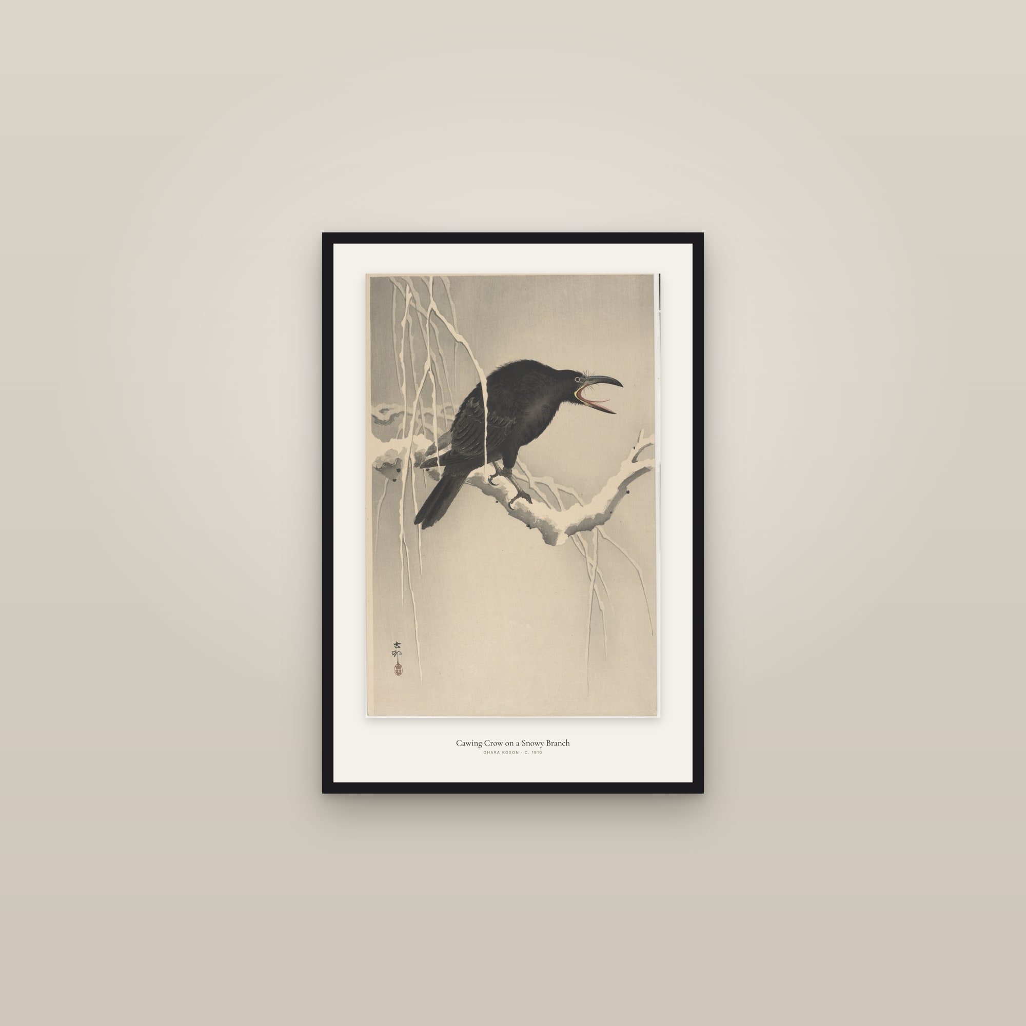 Cawing Crow on a Snowy Branch — framed in a gallery setting