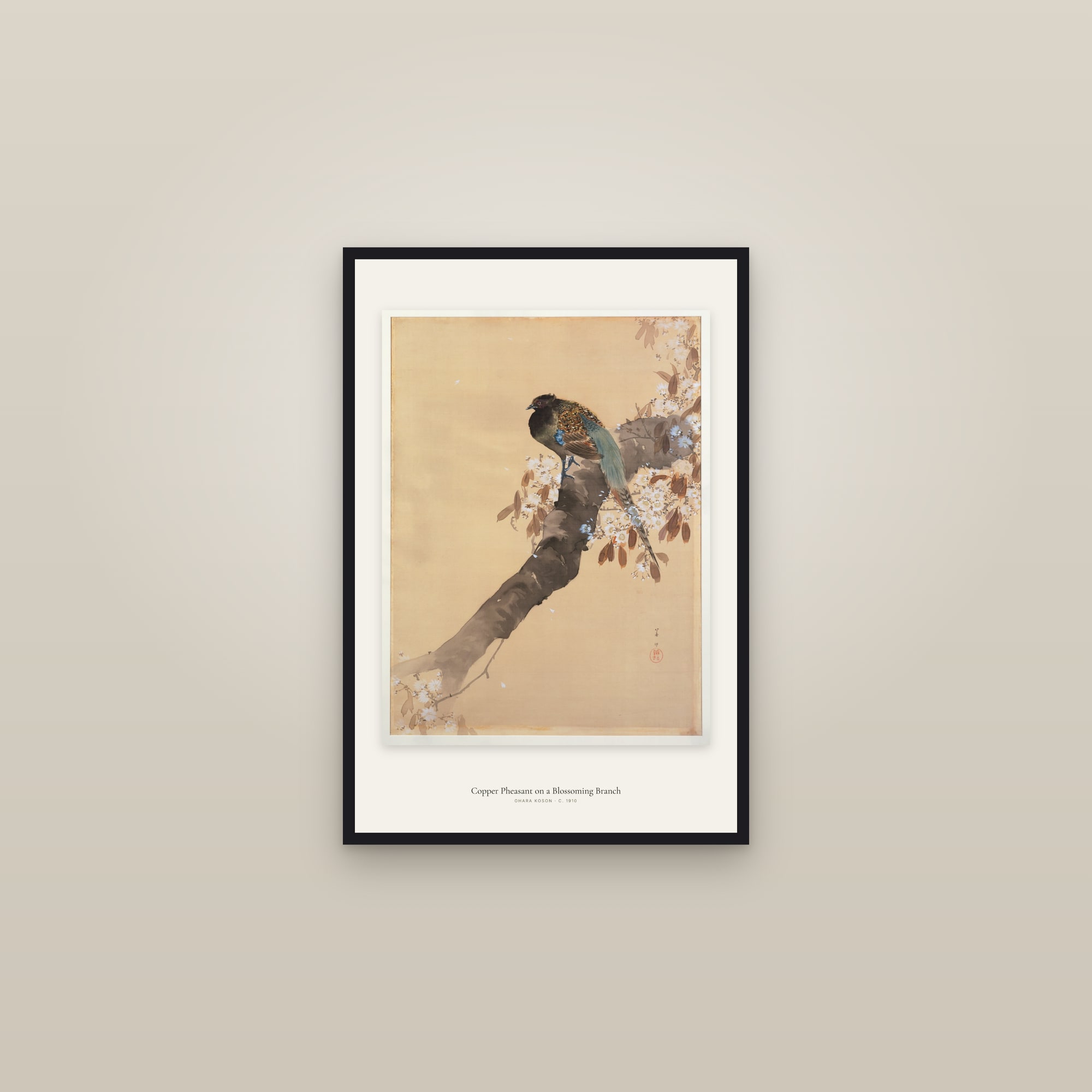 Copper Pheasant on a Blossoming Branch — framed in a gallery setting