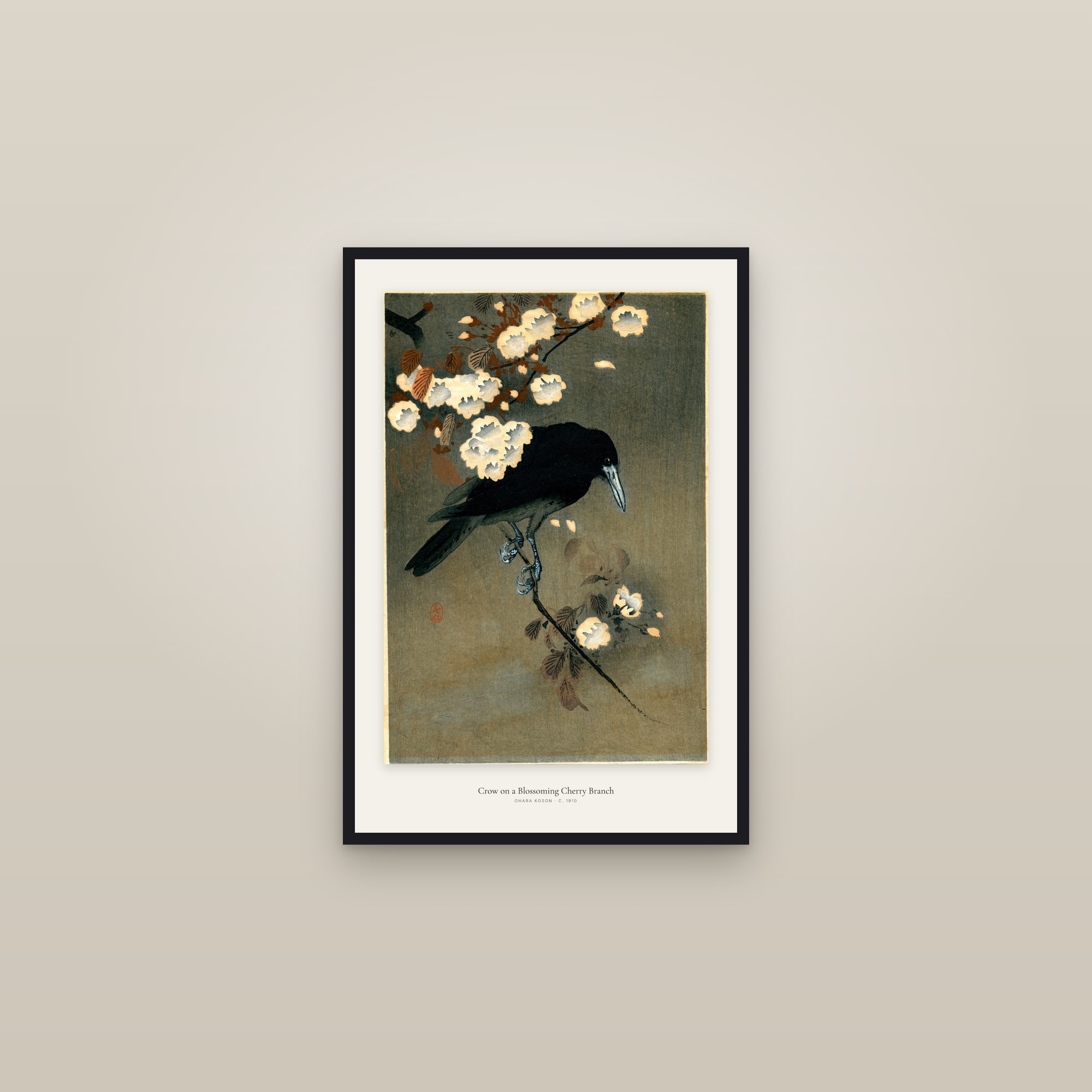 Crow on a Blossoming Cherry Branch — framed in a gallery setting
