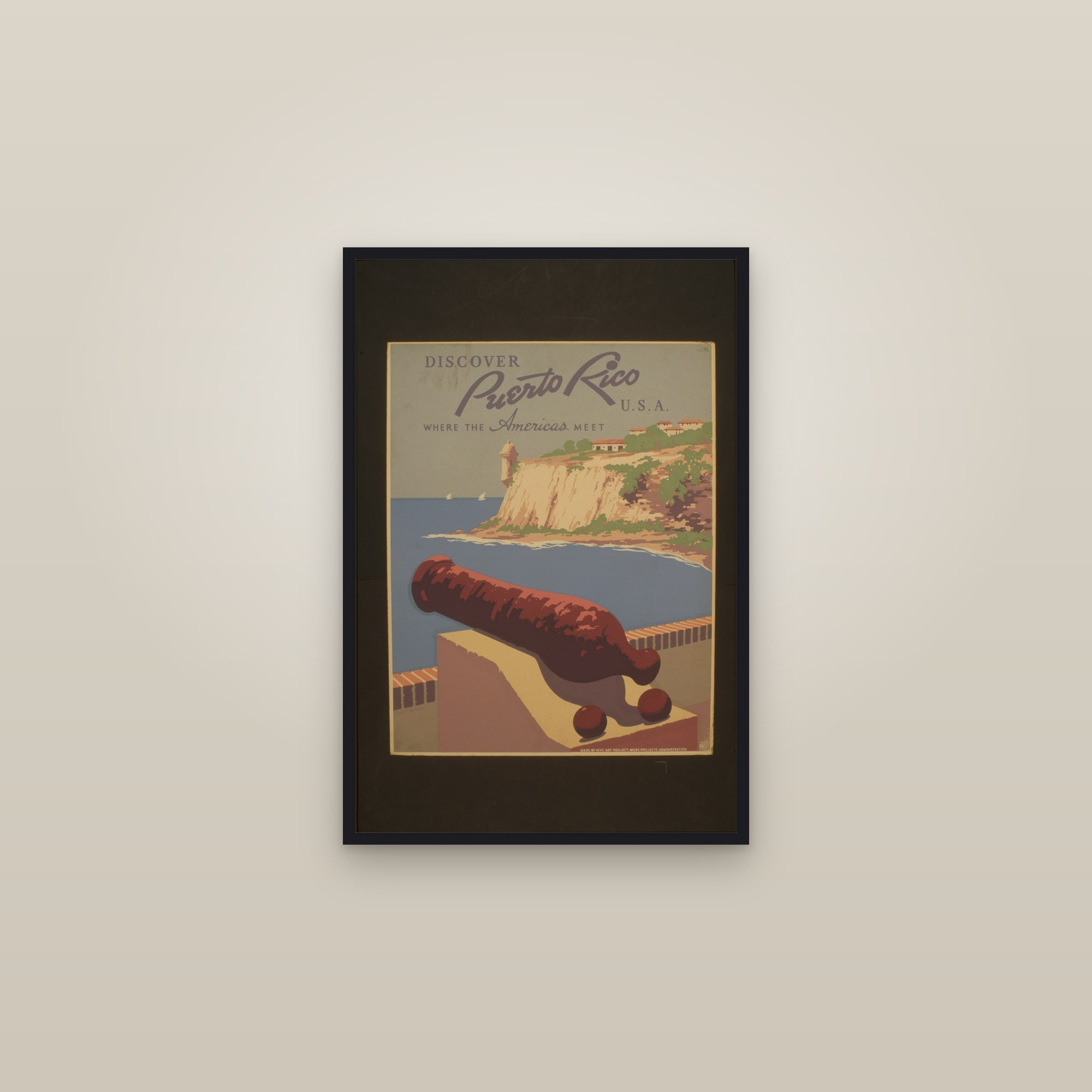 Discover Puerto Rico, U.S.A. — Where the Americas Meet (Cannon) — framed in a gallery setting