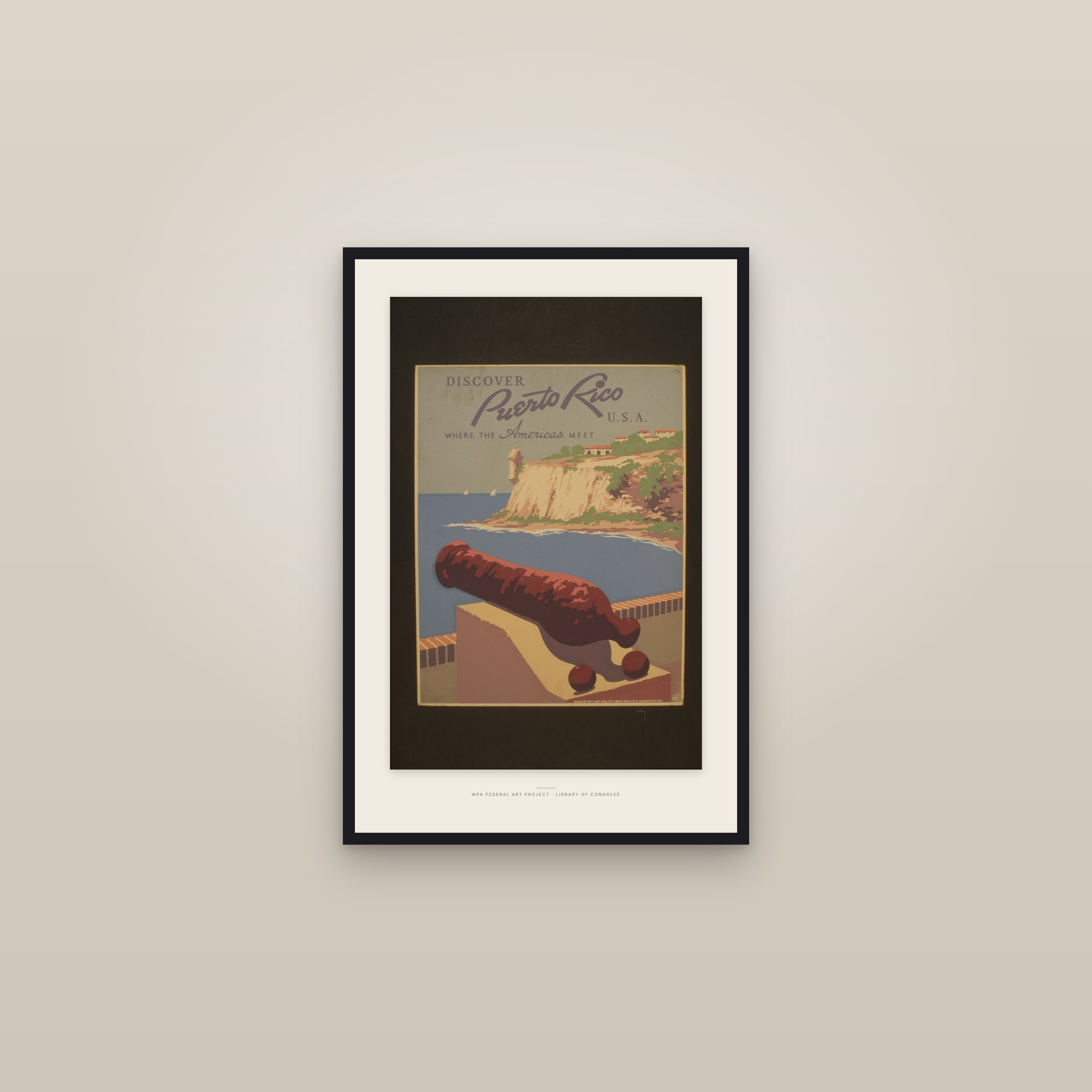 Discover Puerto Rico, U.S.A. — Where the Americas Meet (Cannon) — framed in a gallery setting