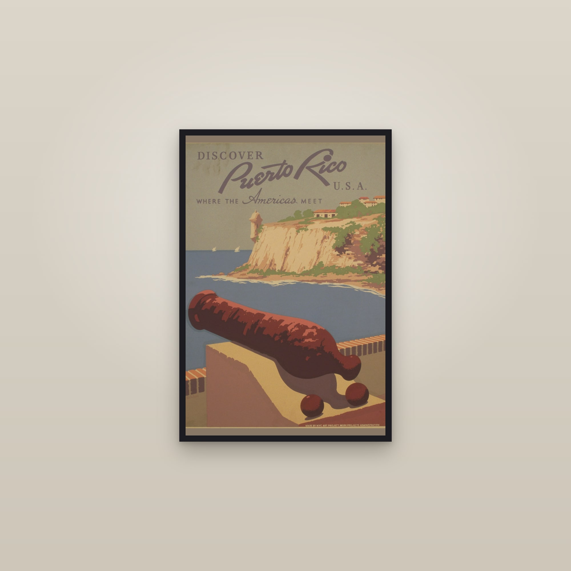 Discover Puerto Rico, U.S.A. — Where the Americas Meet (Cannon) — framed in a gallery setting