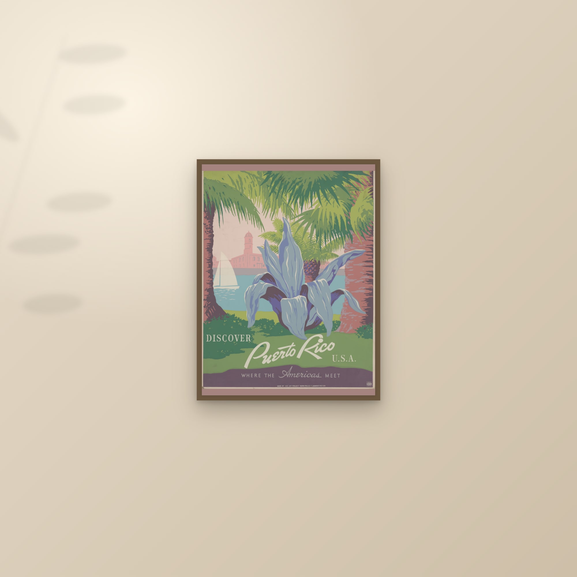 Discover Puerto Rico U.S.A. (Tropical Garden) — framed and styled on a sunlit wall