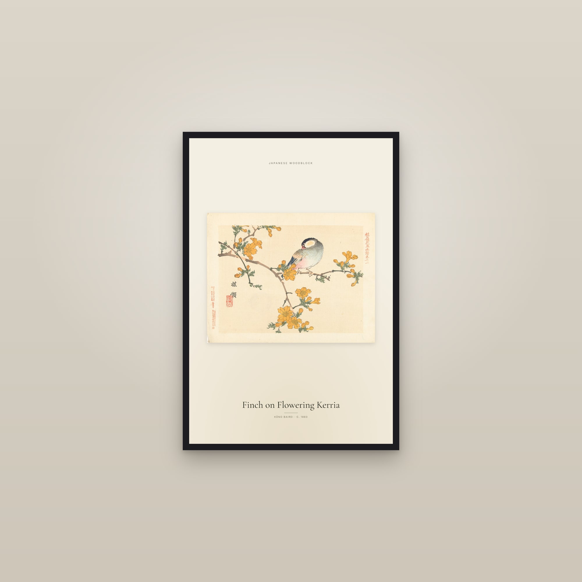 Finch on Flowering Kerria — framed in a gallery setting