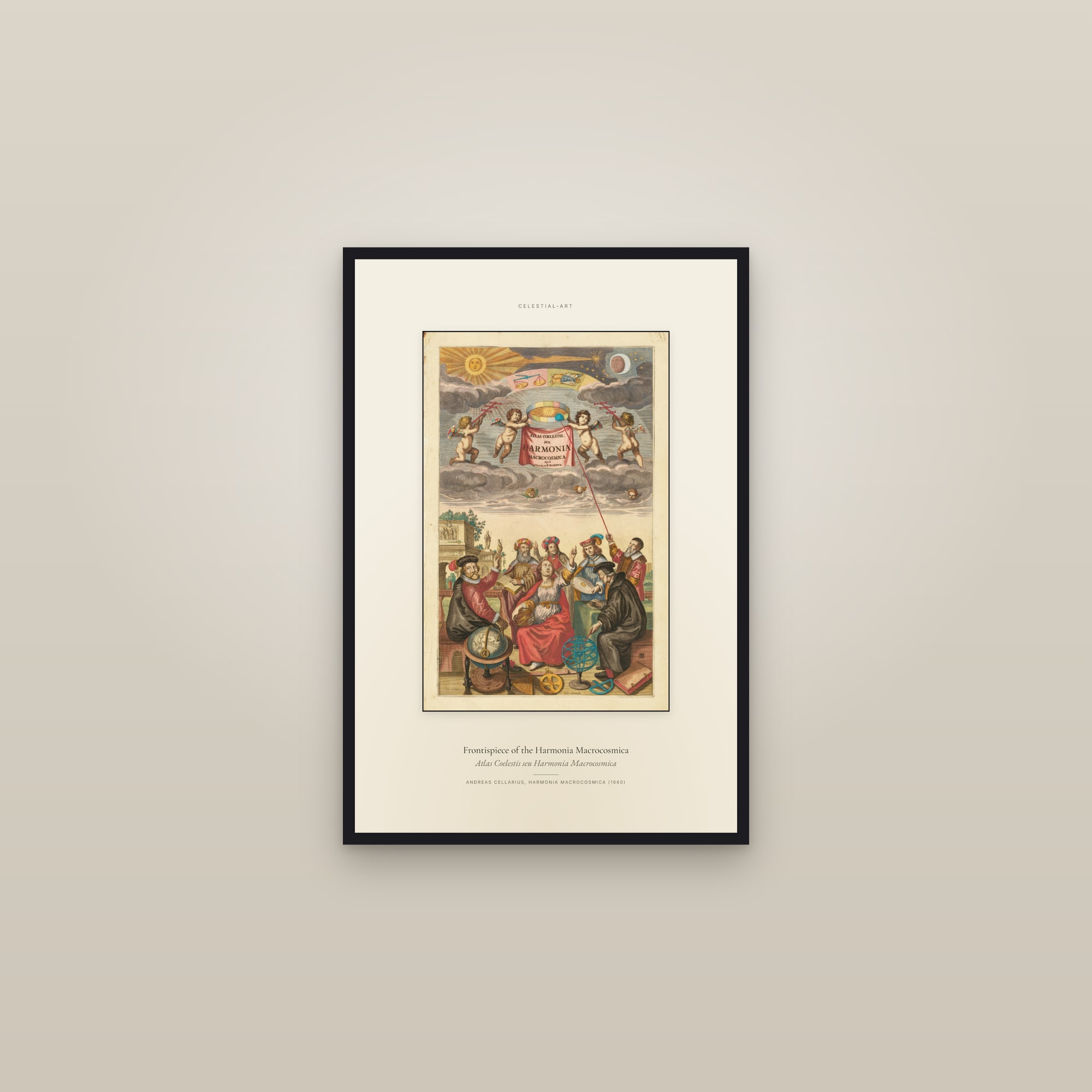 Frontispiece of the Harmonia Macrocosmica — Specimen — framed in a gallery setting