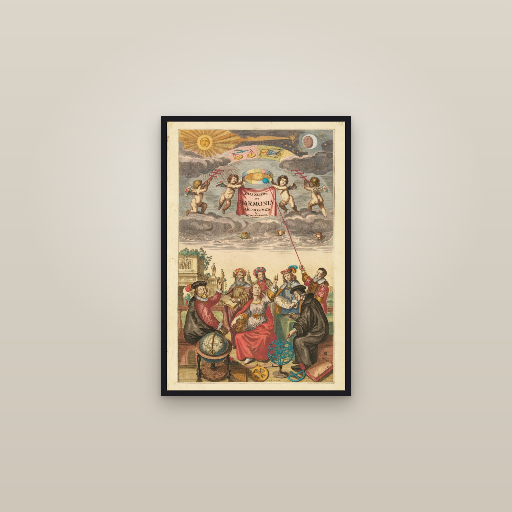 Frontispiece of the Harmonia Macrocosmica — framed in a gallery setting