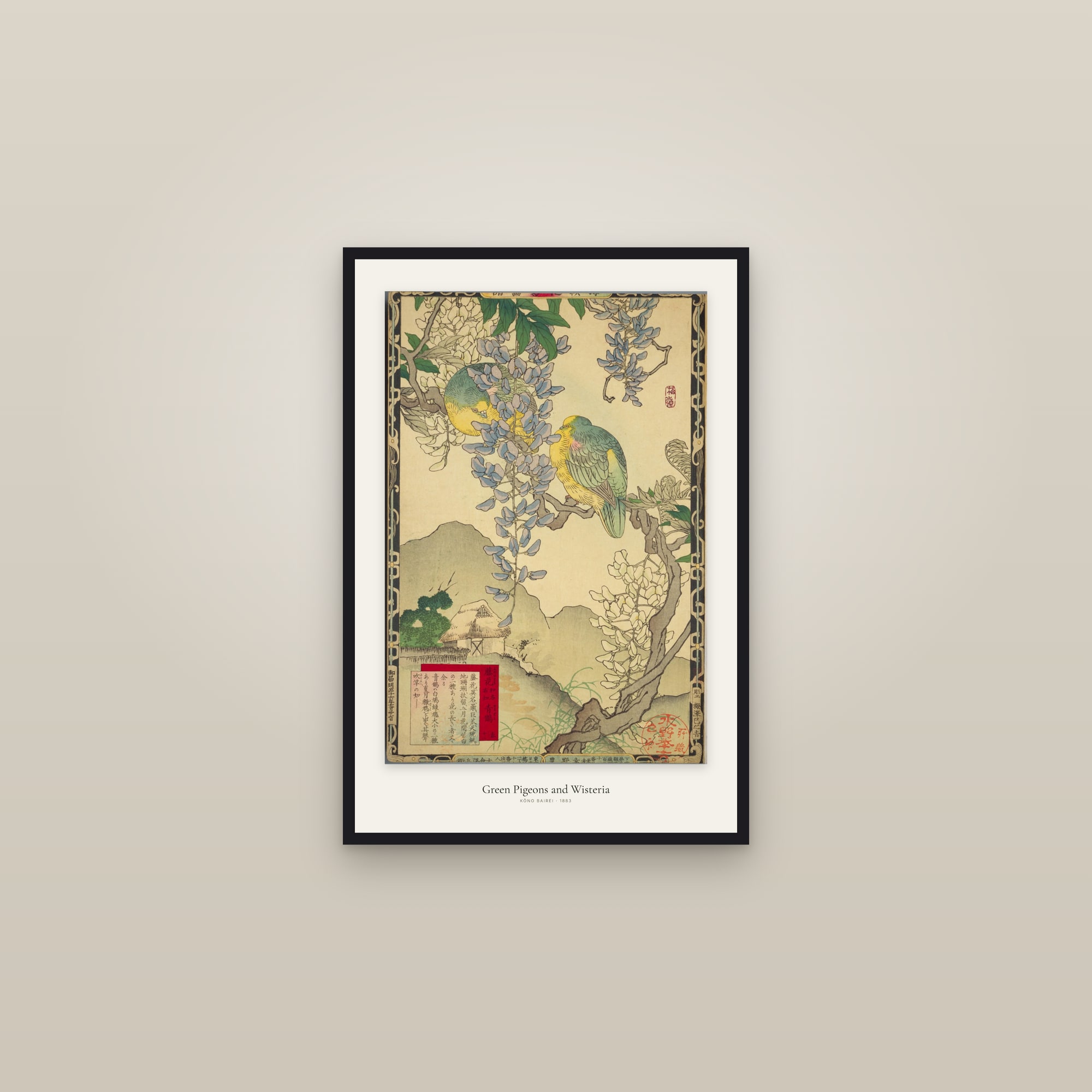Green Pigeons and Wisteria — framed in a gallery setting