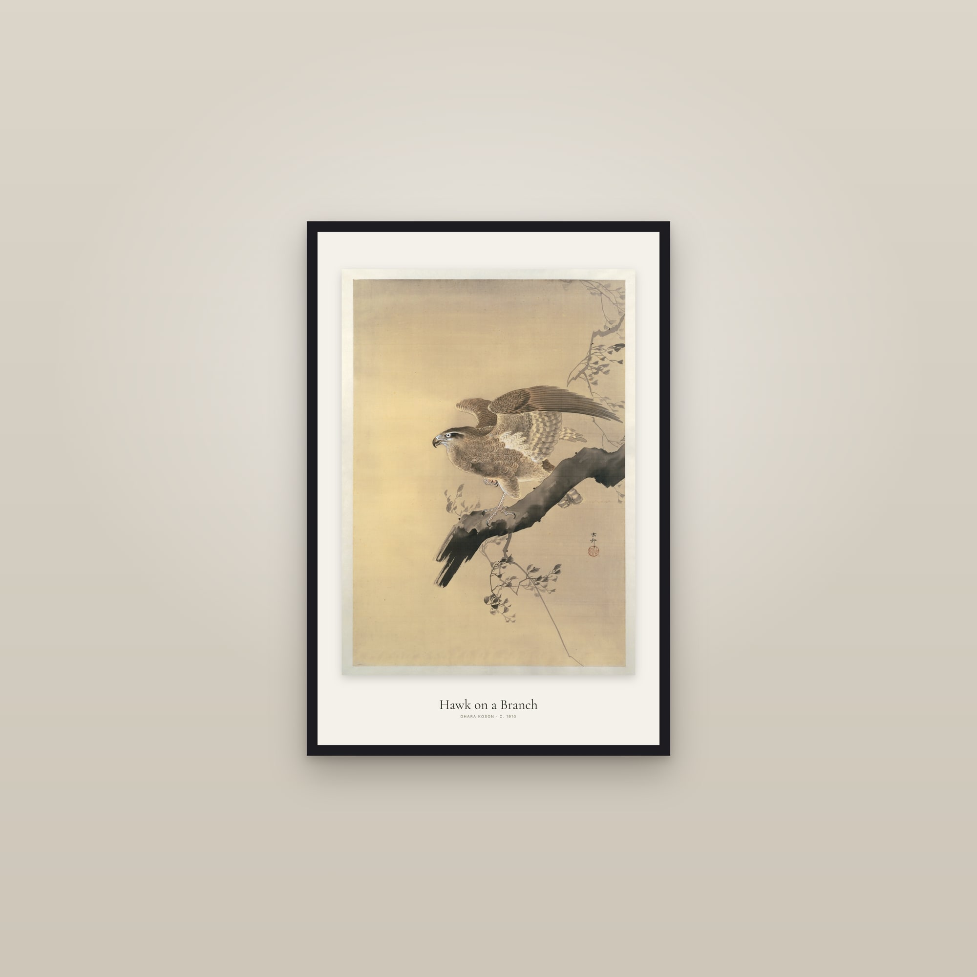 Hawk on a Branch — framed in a gallery setting