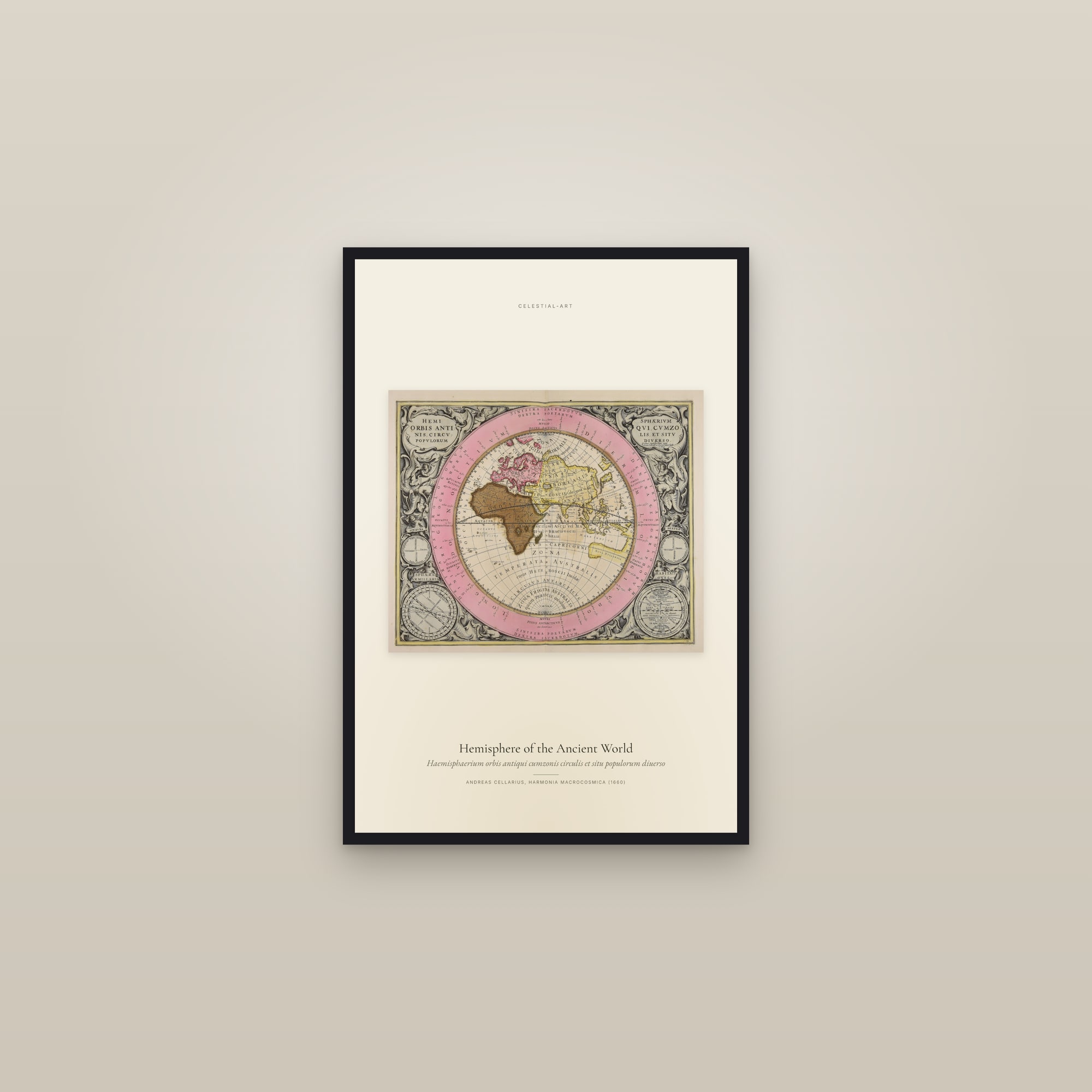 Hemisphere of the Ancient World — framed in a gallery setting
