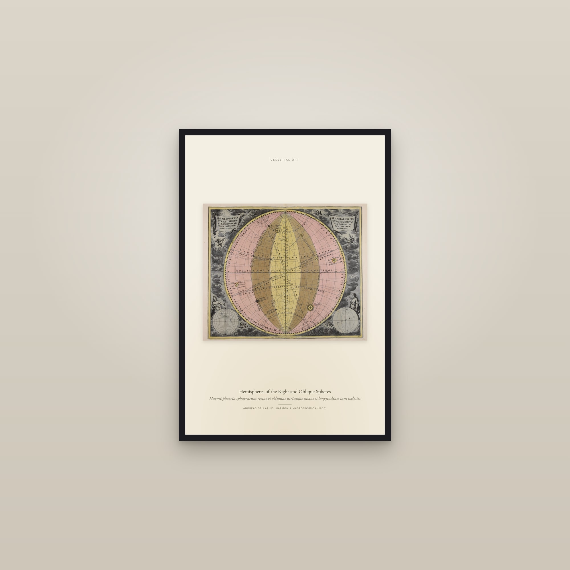 Hemispheres of the Right and Oblique Spheres — framed in a gallery setting