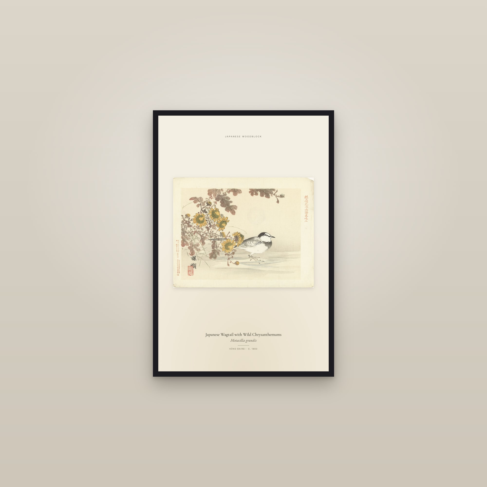 Japanese Wagtail with Wild Chrysanthemums — framed in a gallery setting