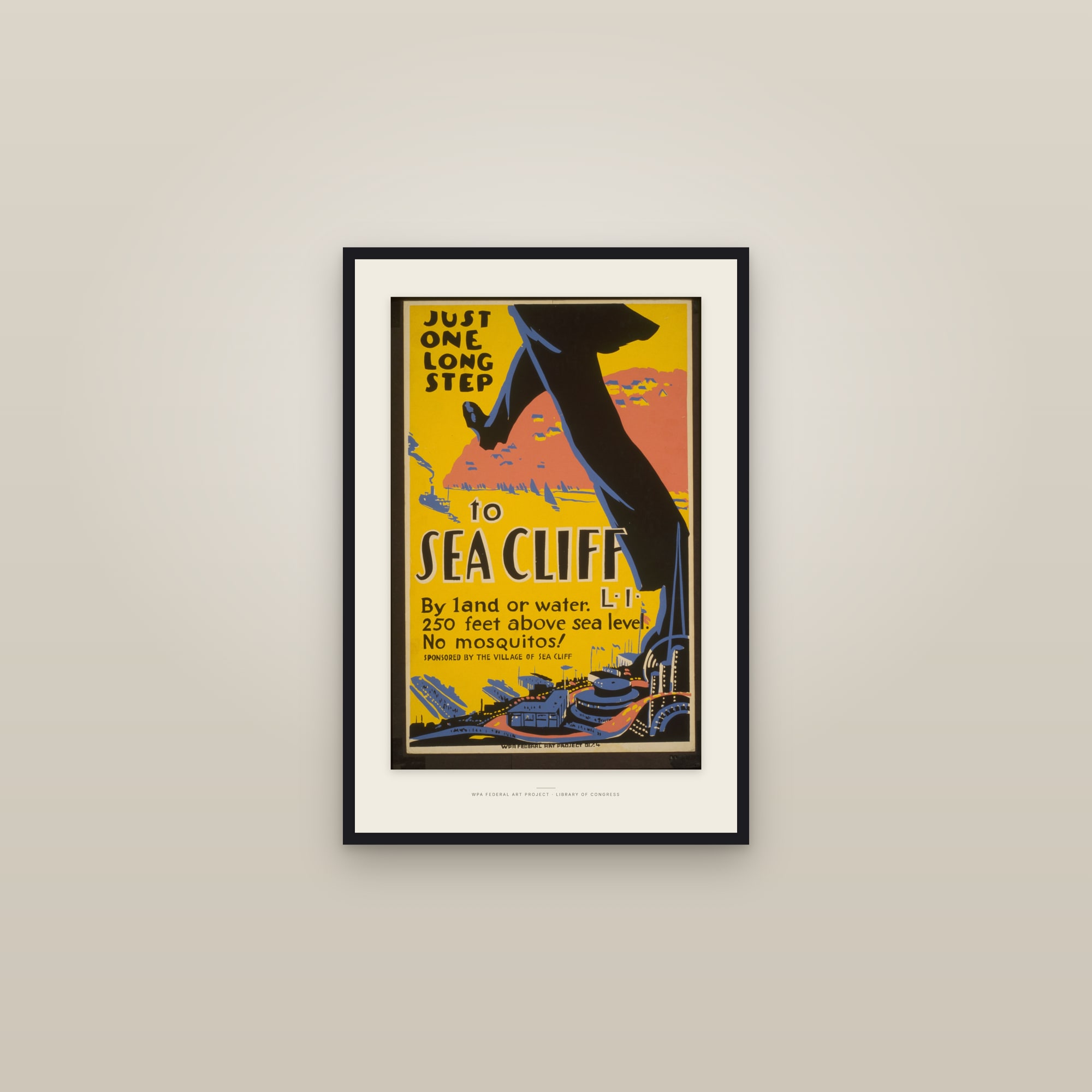 Just One Long Step to Sea Cliff, L.I. — framed in a gallery setting