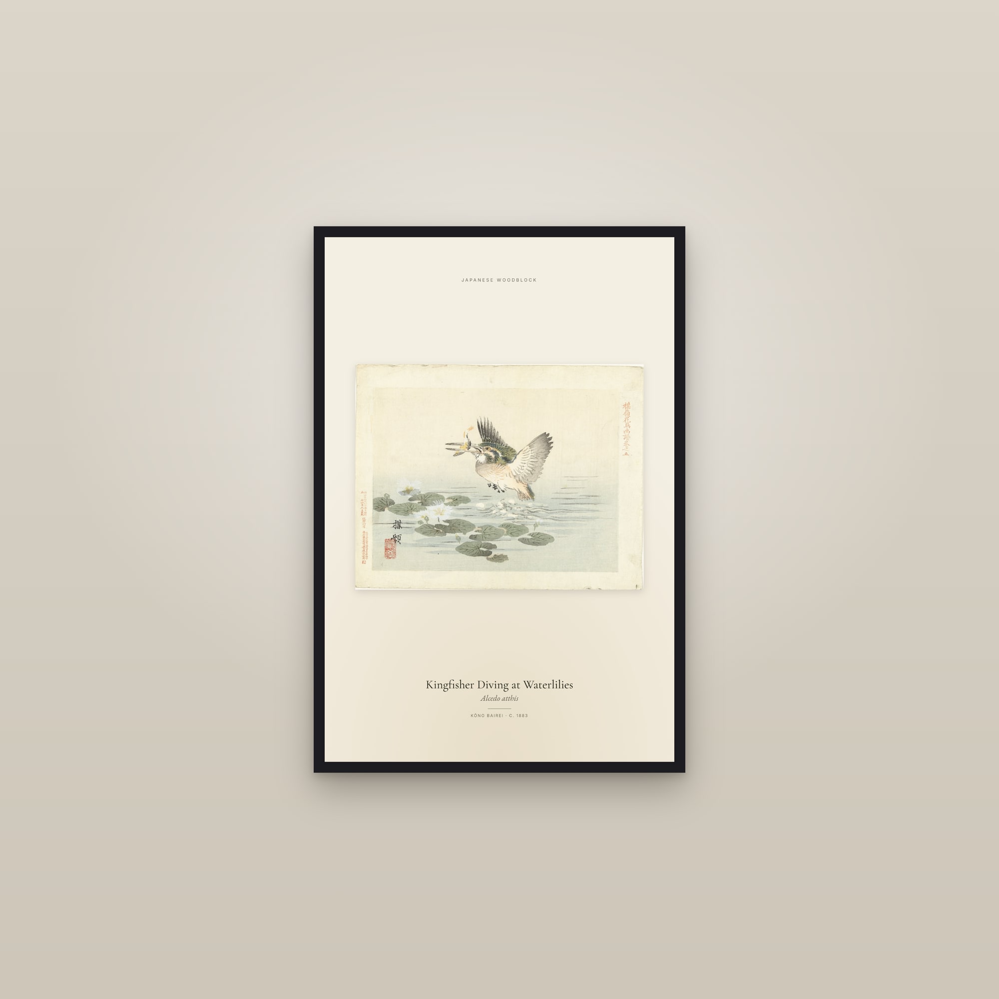 Kingfisher Diving at Waterlilies — framed in a gallery setting