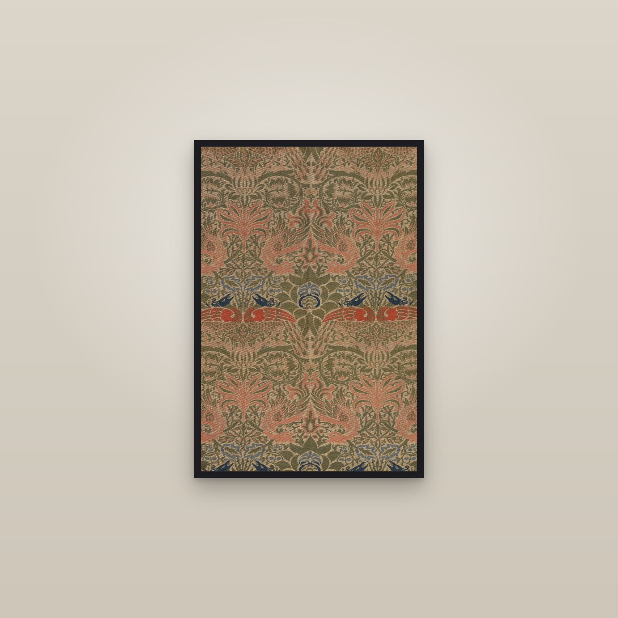Peacock and Dragon (Olive) — framed in a gallery setting