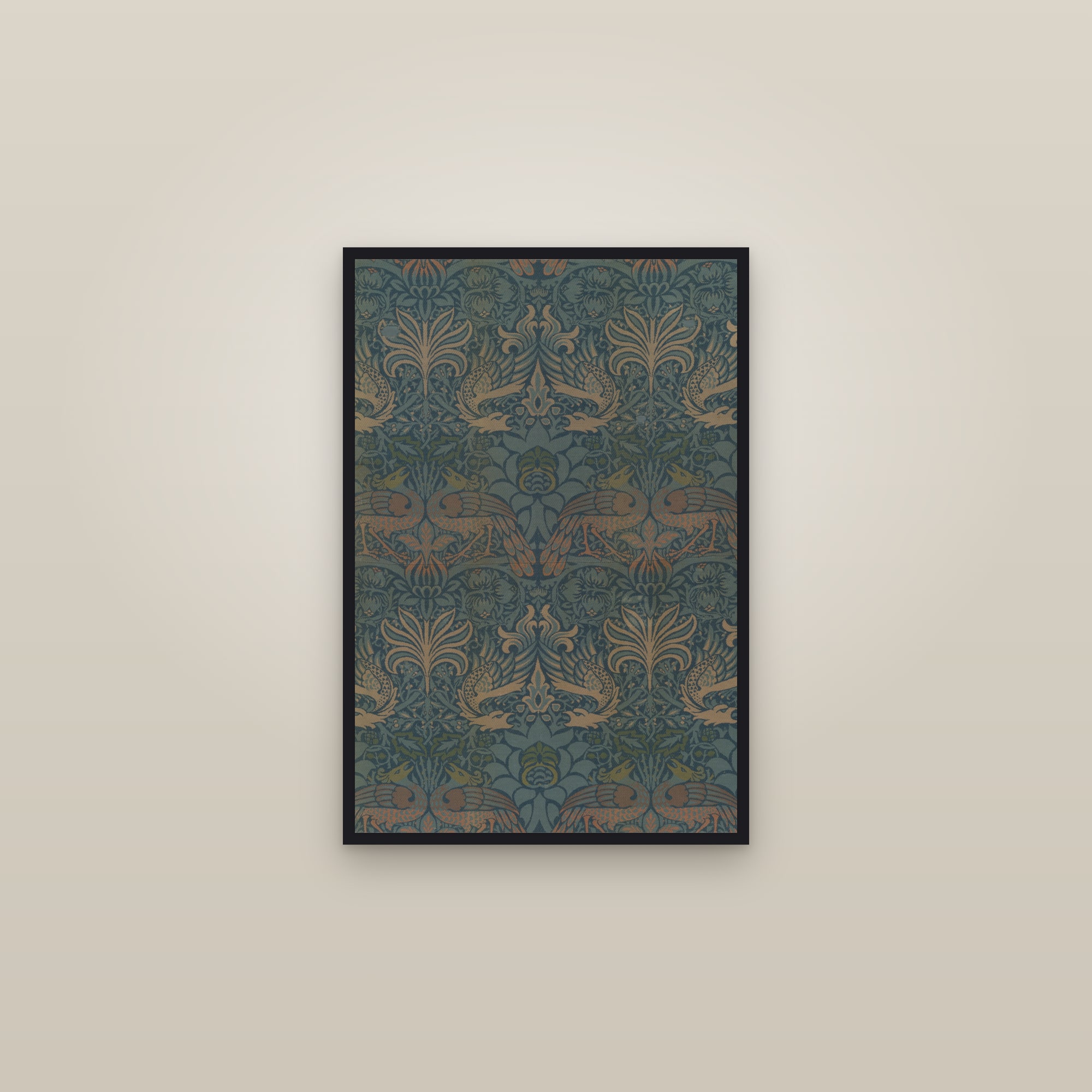Peacock and Dragon (Blue) — framed in a gallery setting