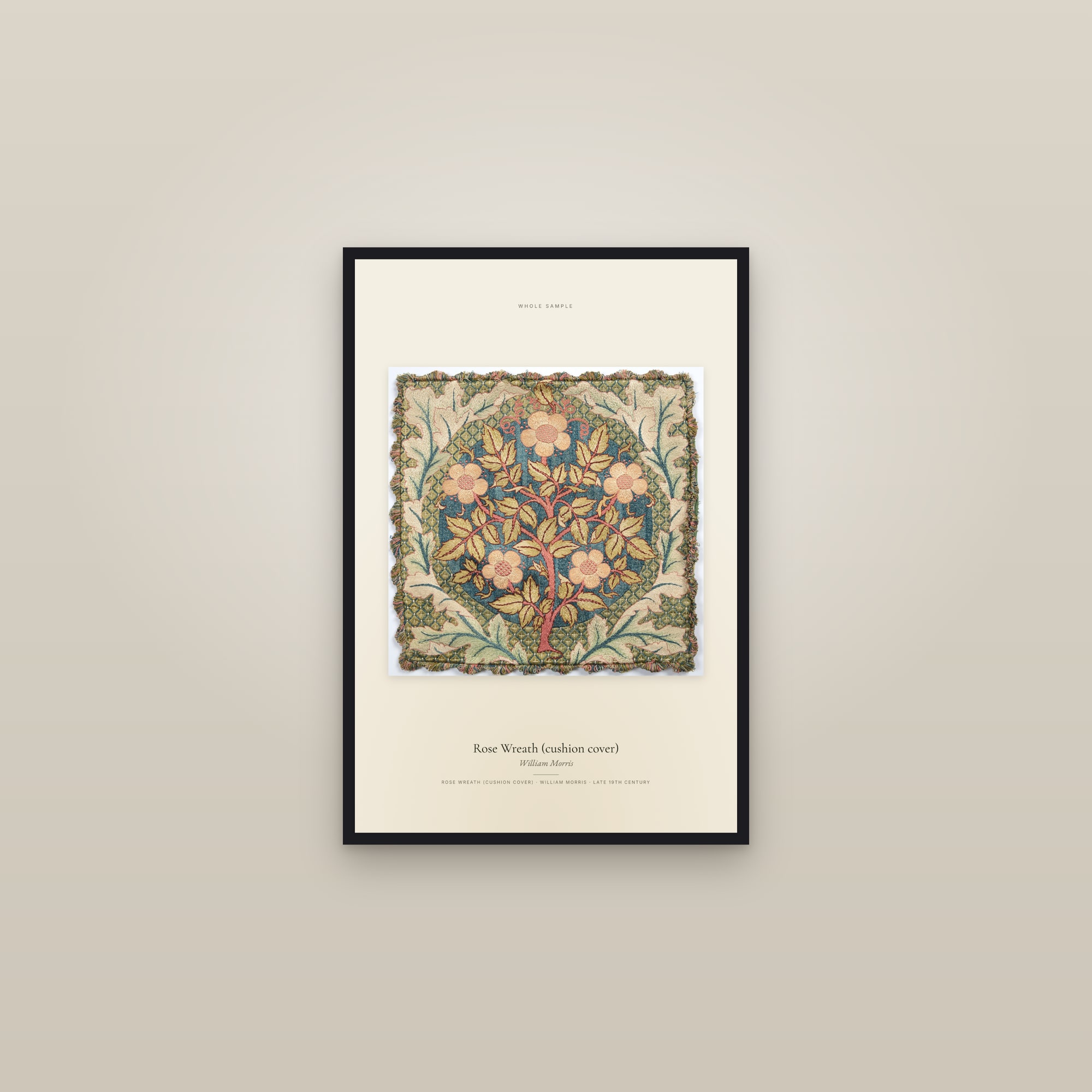 Rose Wreath (cushion cover) — framed in a gallery setting
