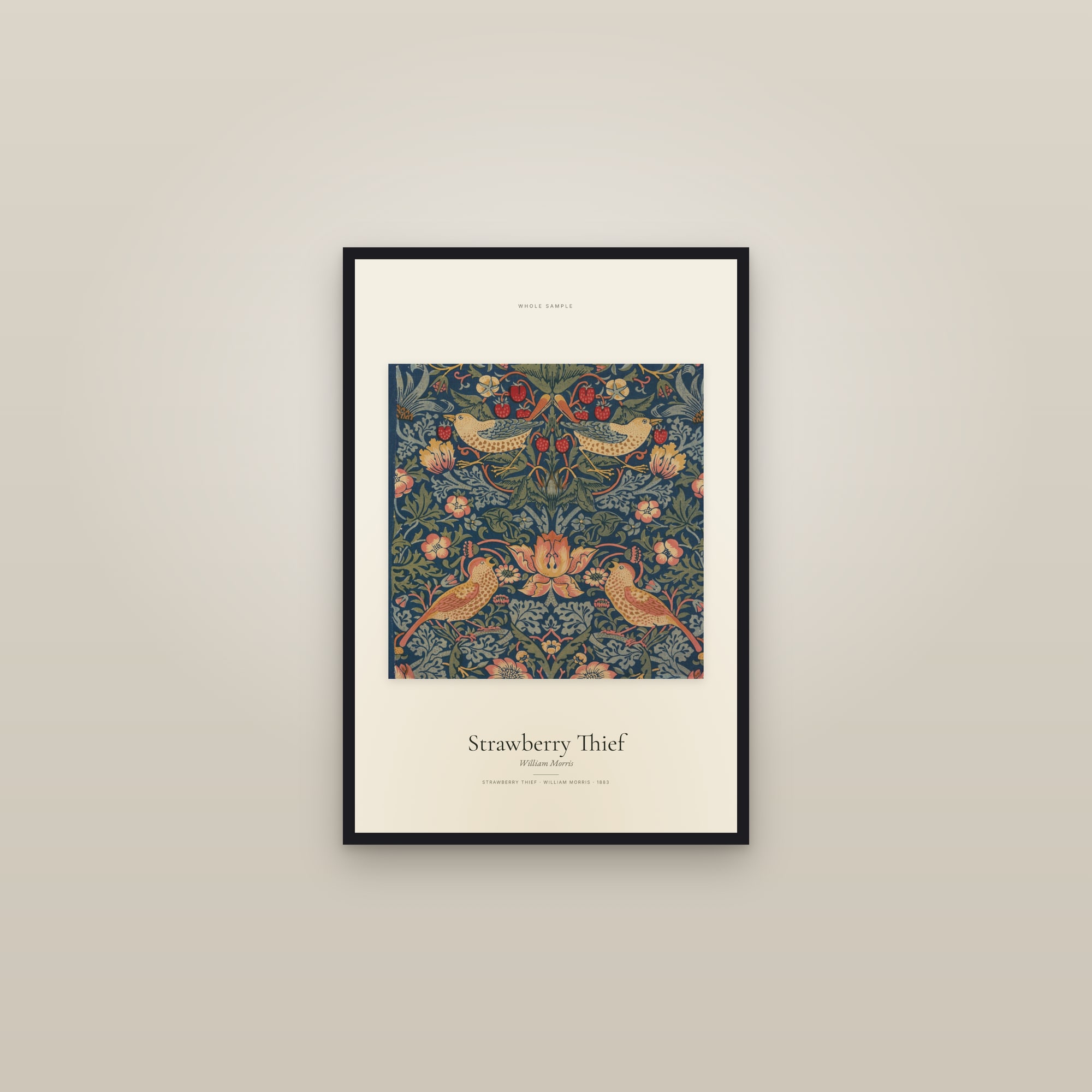 Strawberry Thief — Whole Sample — framed in a gallery setting
