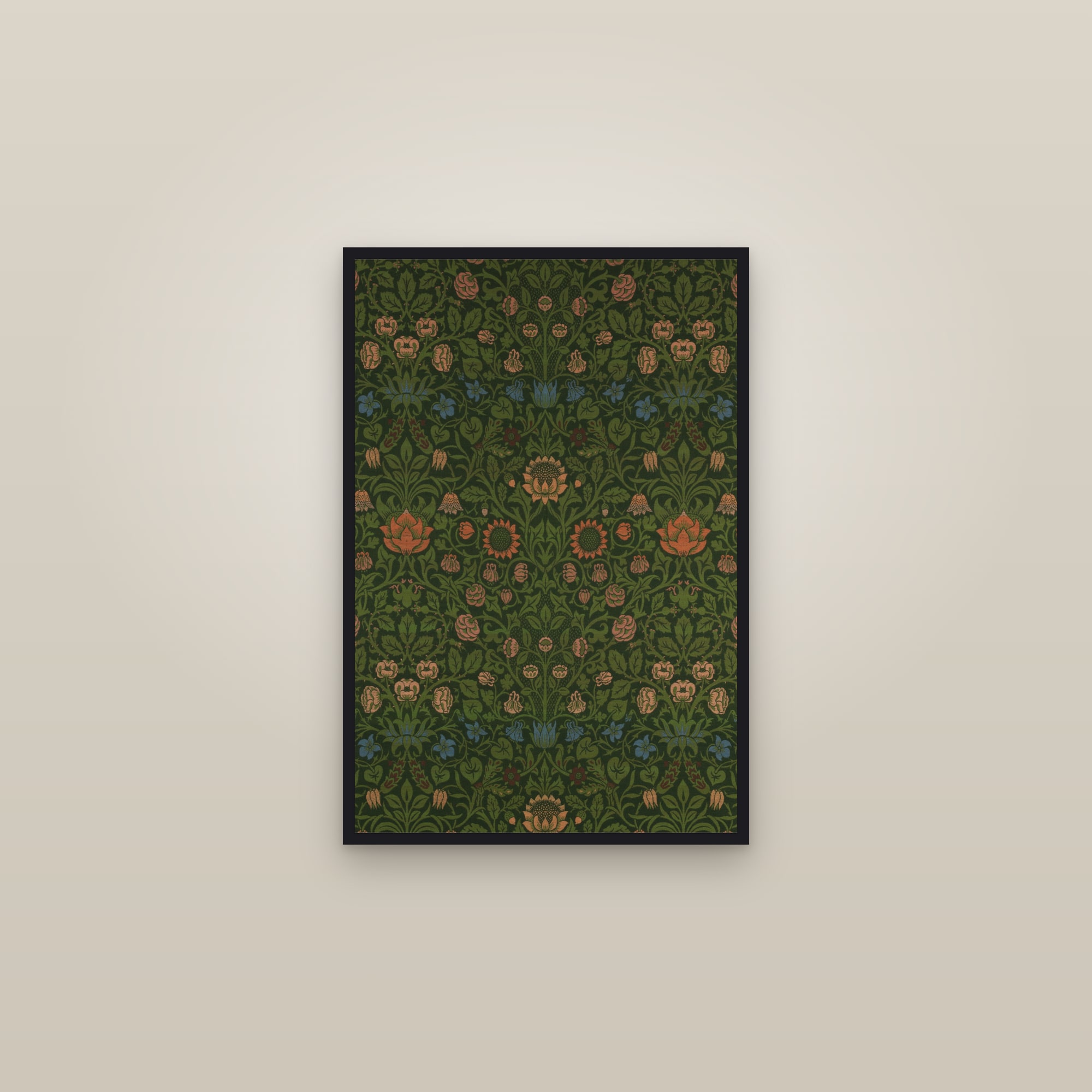 Violet and Columbine (Green) — framed in a gallery setting