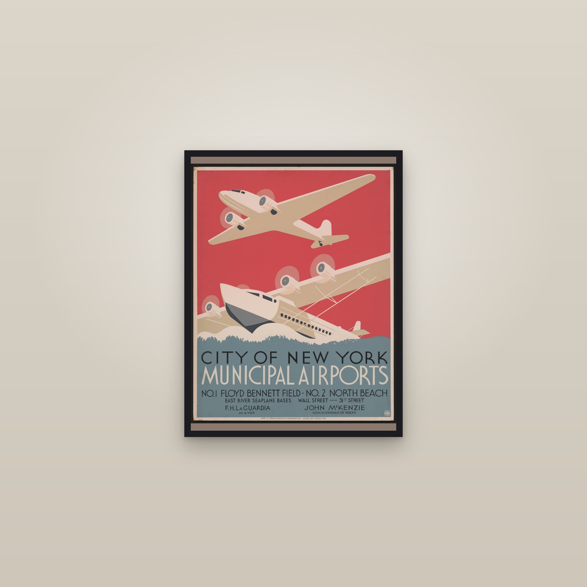 City of New York Municipal Airports — framed in a gallery setting