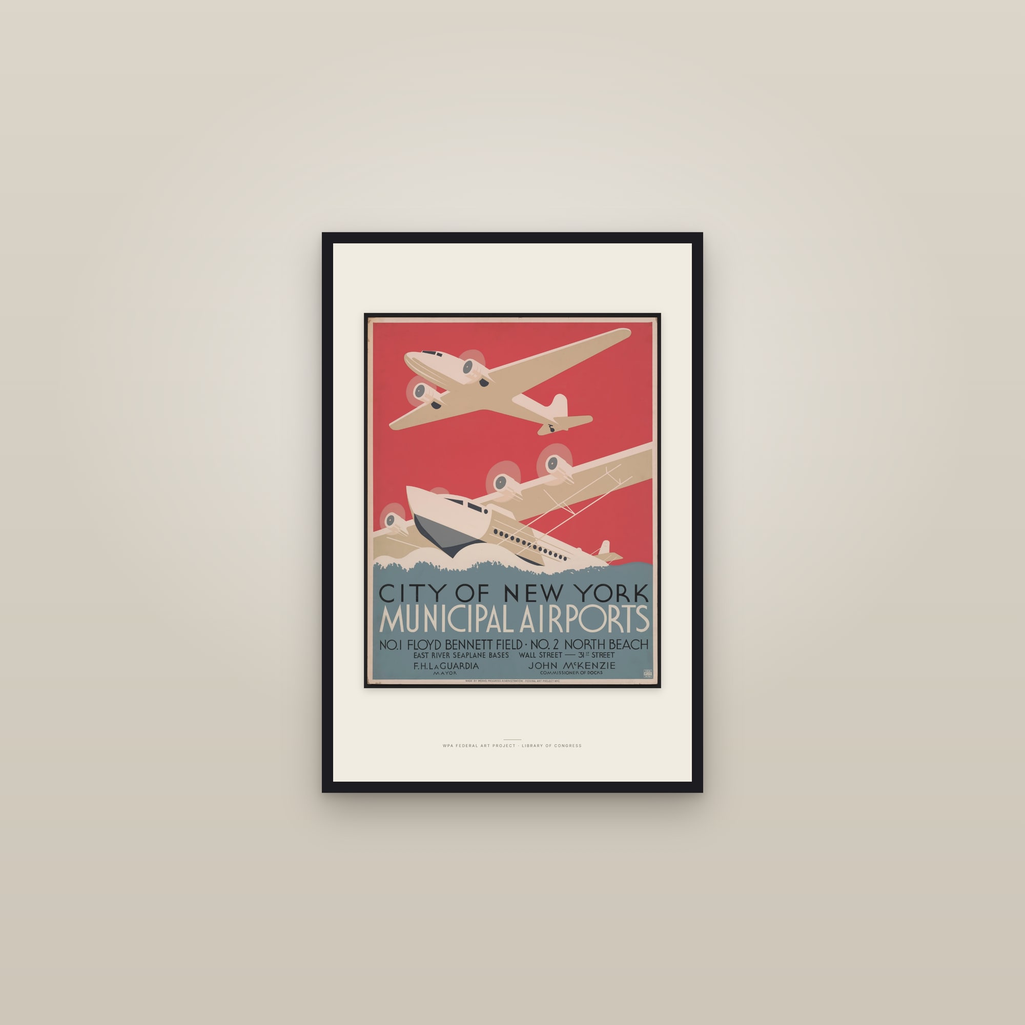 City of New York Municipal Airports — framed in a gallery setting