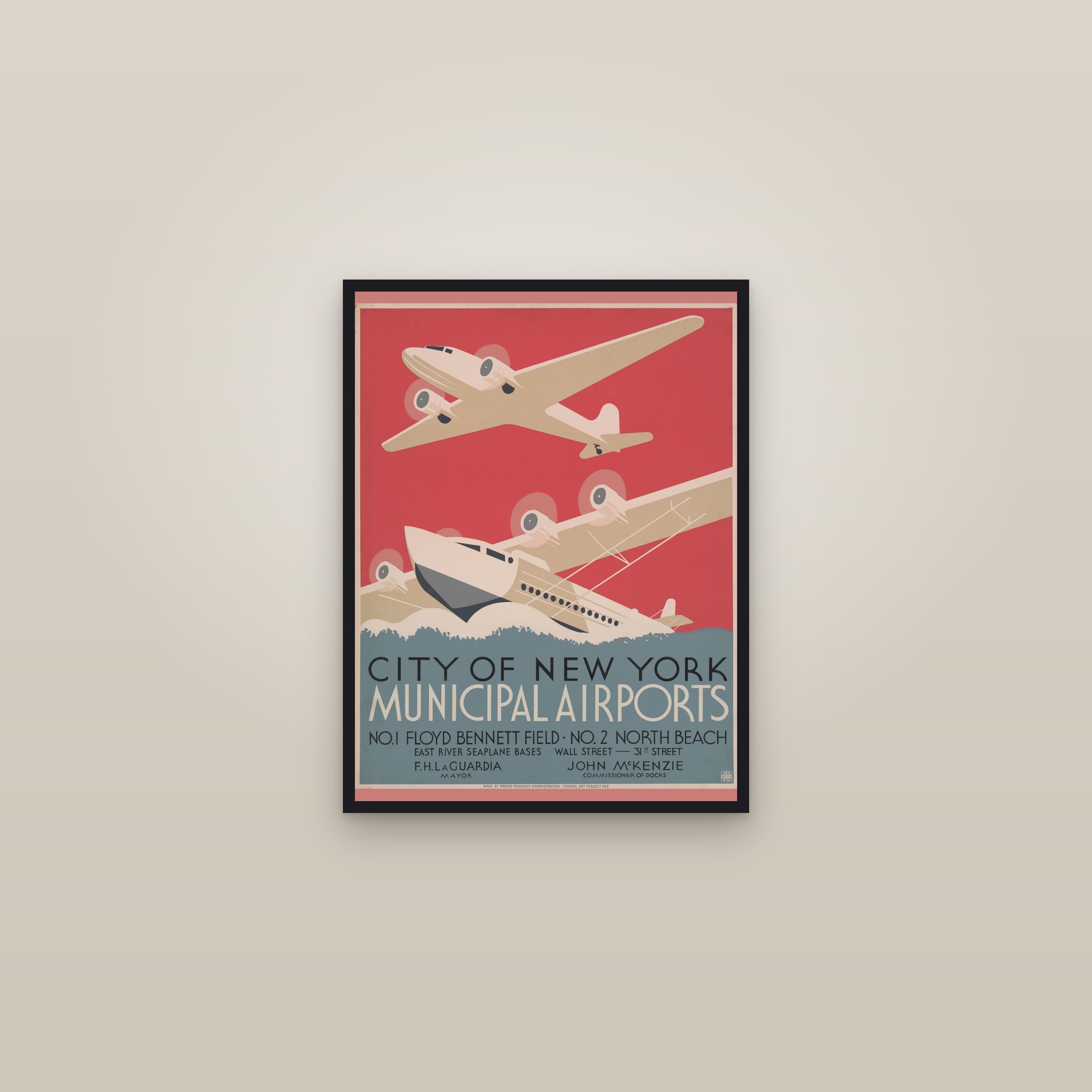 City of New York Municipal Airports — framed in a gallery setting