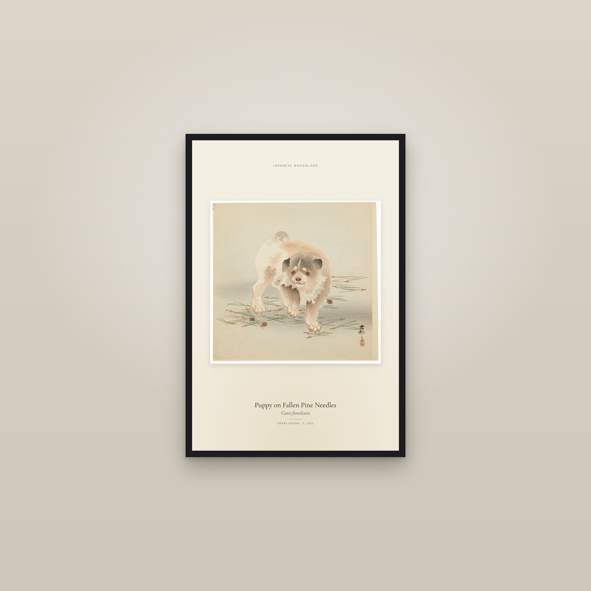 Puppy on Fallen Pine Needles — framed in a gallery setting