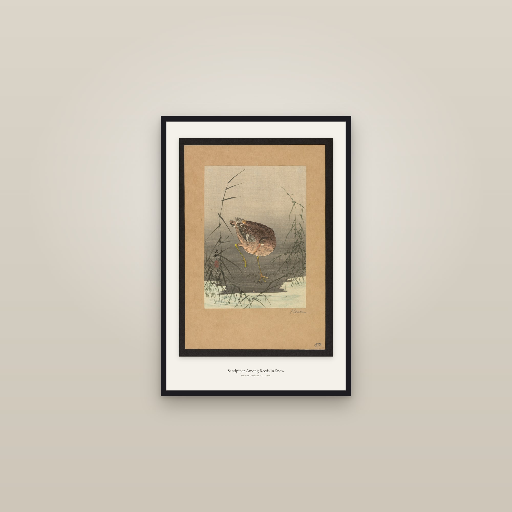 Sandpiper Among Reeds in Snow — framed in a gallery setting
