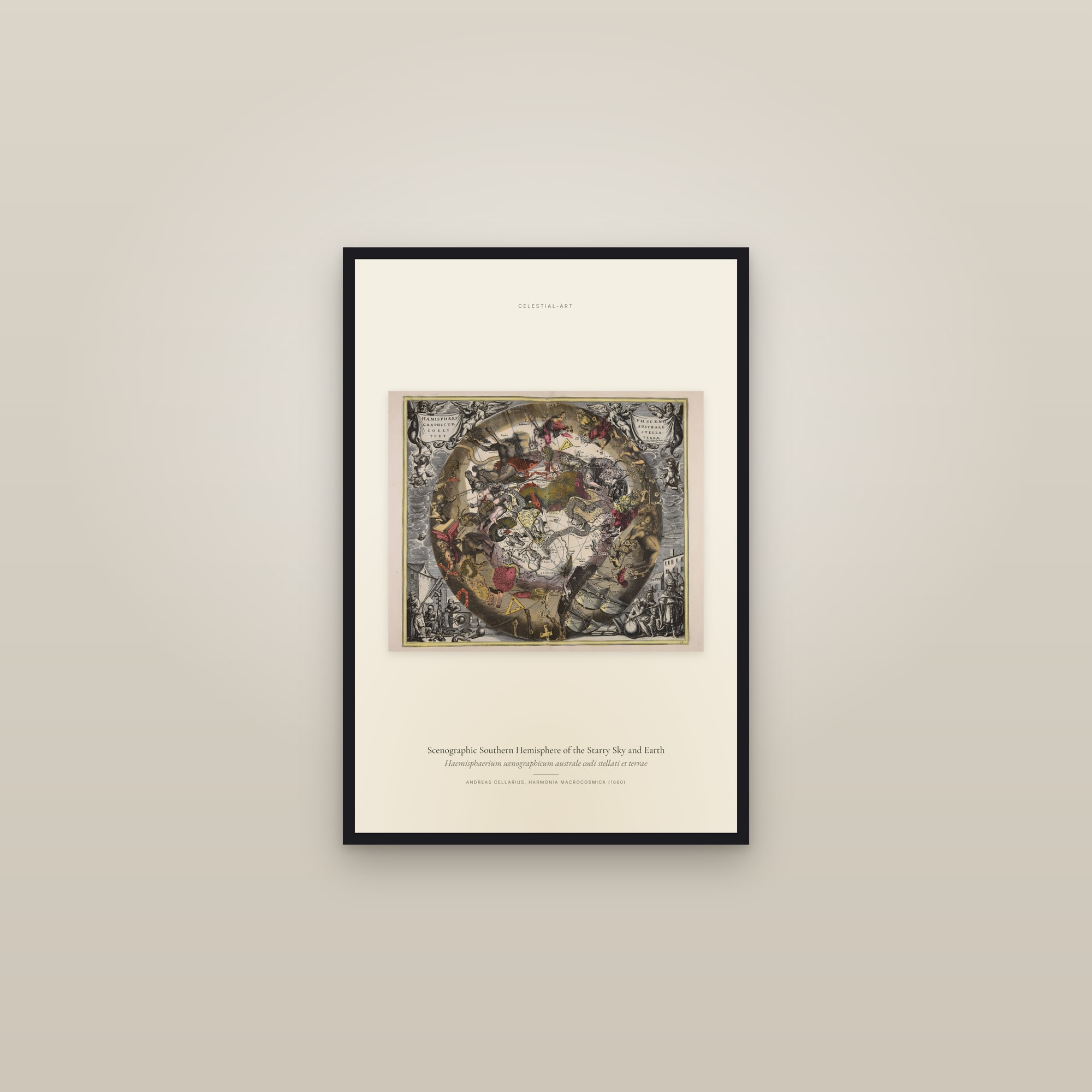 Scenographic Southern Hemisphere of the Starry Sky and Earth — framed in a gallery setting