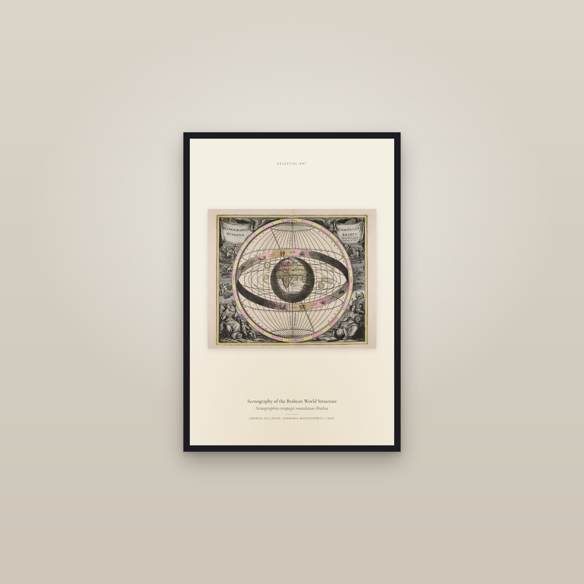 Scenography of the Brahean World Structure — framed in a gallery setting