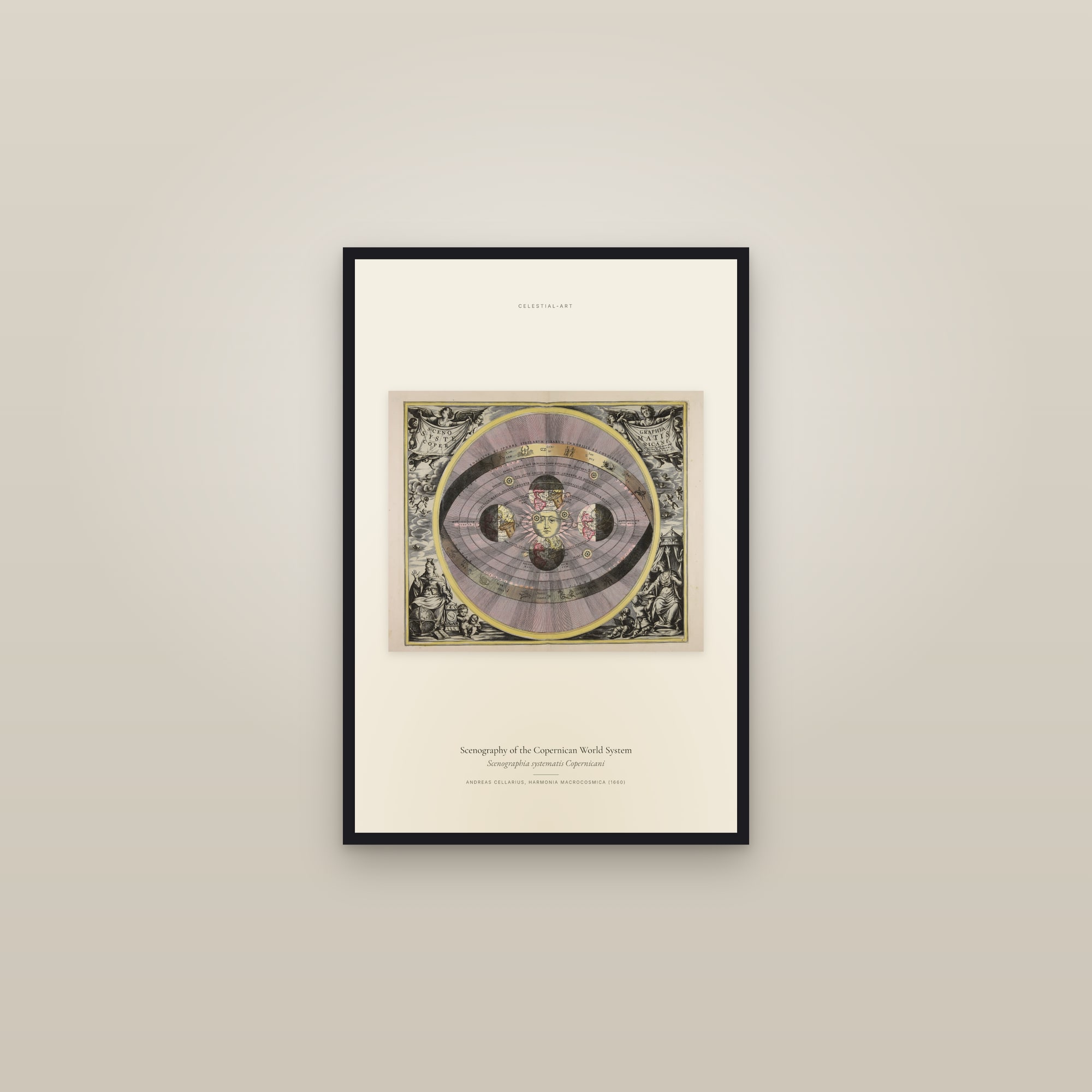 Scenography of the Copernican World System — framed in a gallery setting