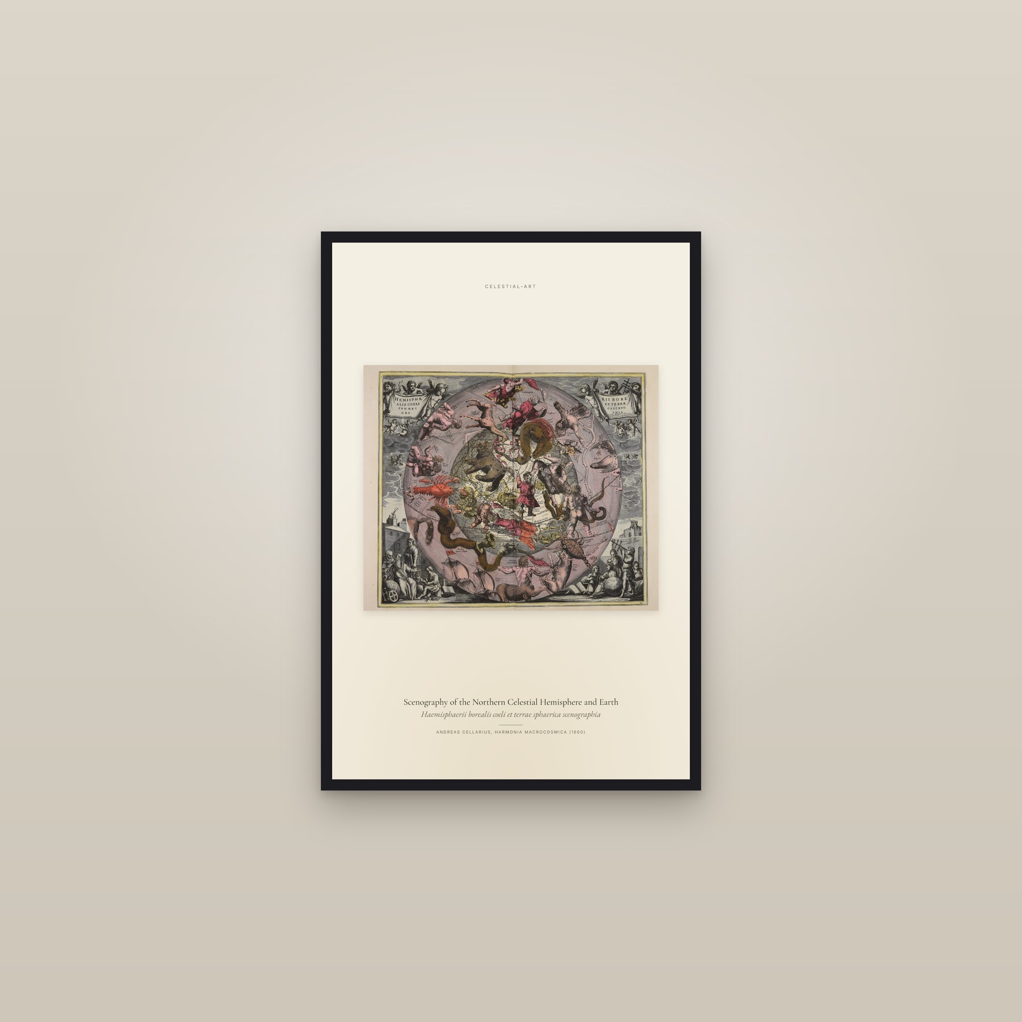Scenography of the Northern Celestial Hemisphere and Earth — framed in a gallery setting
