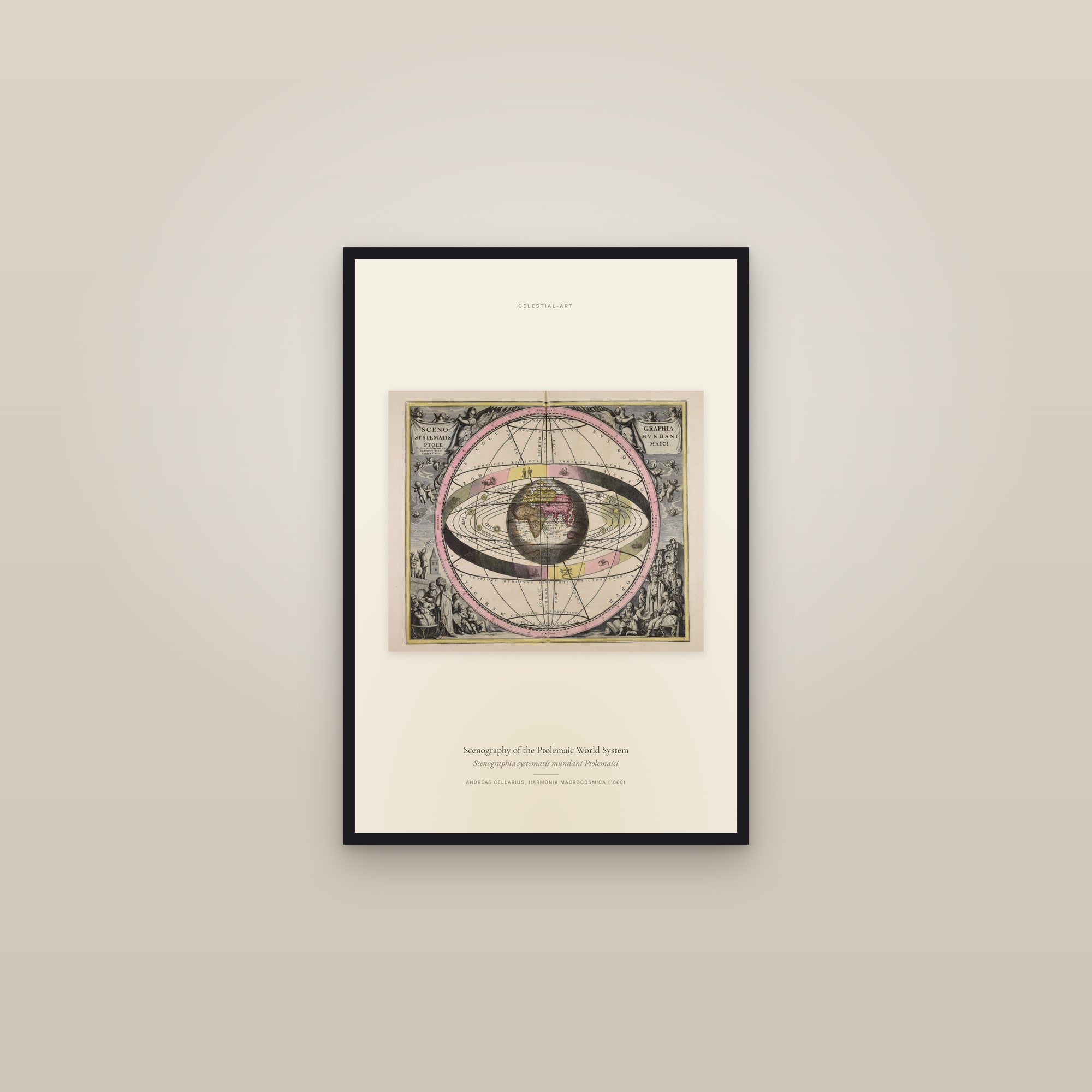 Scenography of the Ptolemaic World System — framed in a gallery setting