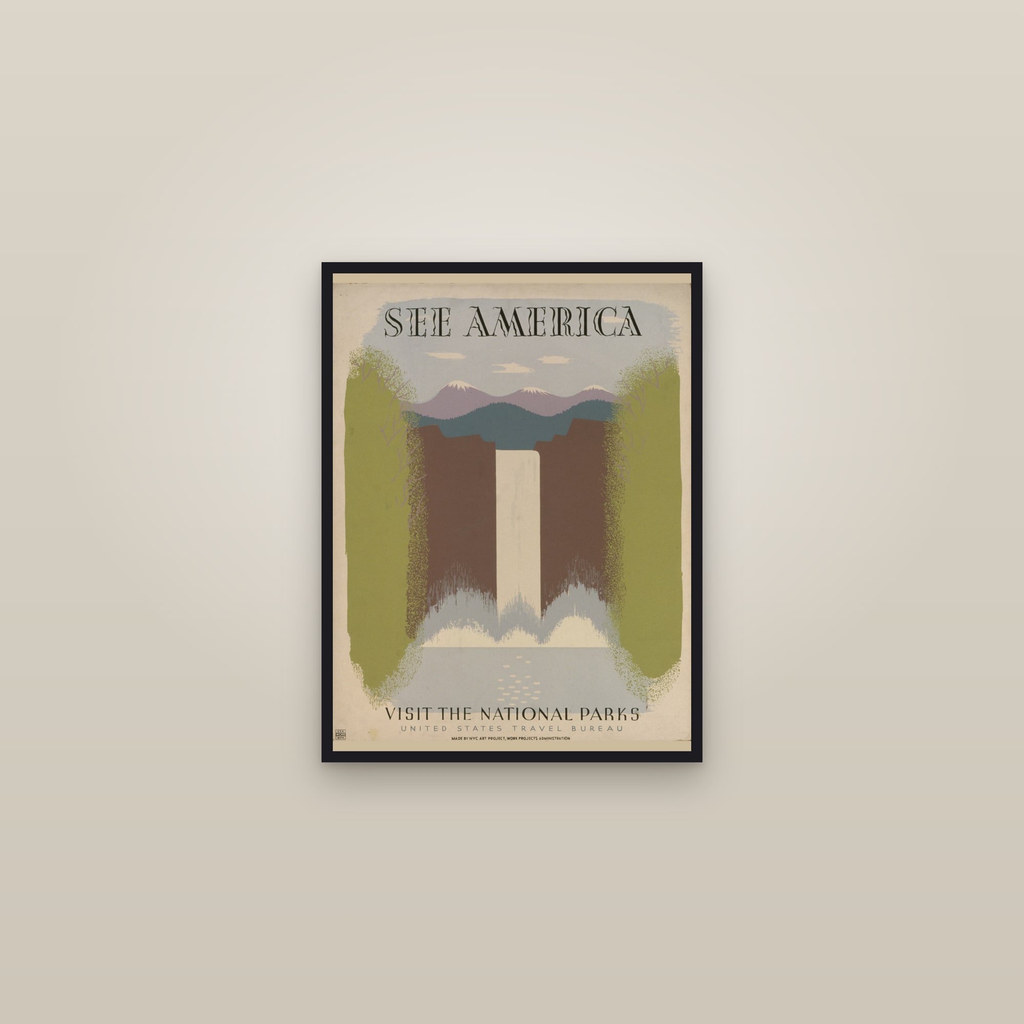 See America (National Parks Waterfall) — Visit the National Parks (Waterfall) — framed in a gallery setting