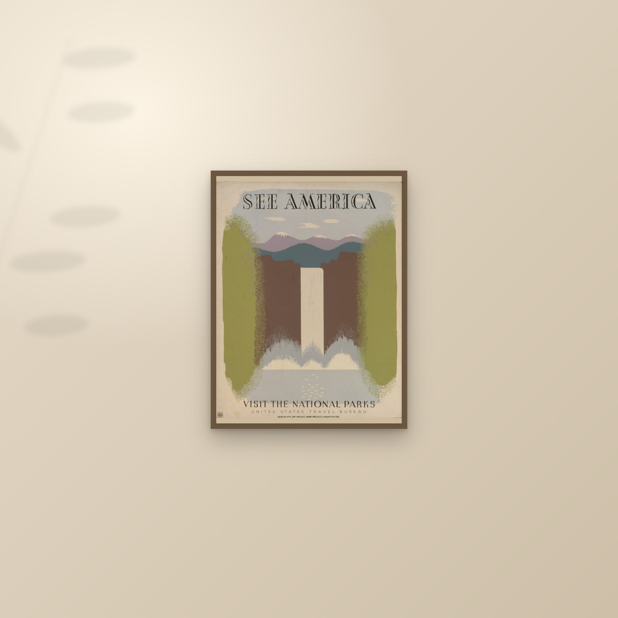 See America (National Parks Waterfall) — Visit the National Parks (Waterfall) — framed and styled on a sunlit wall