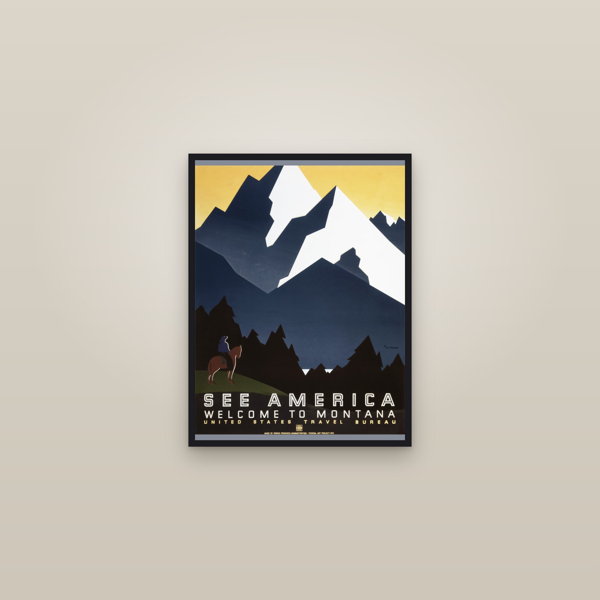 See America — Welcome to Montana (Blue Peaks) — framed in a gallery setting