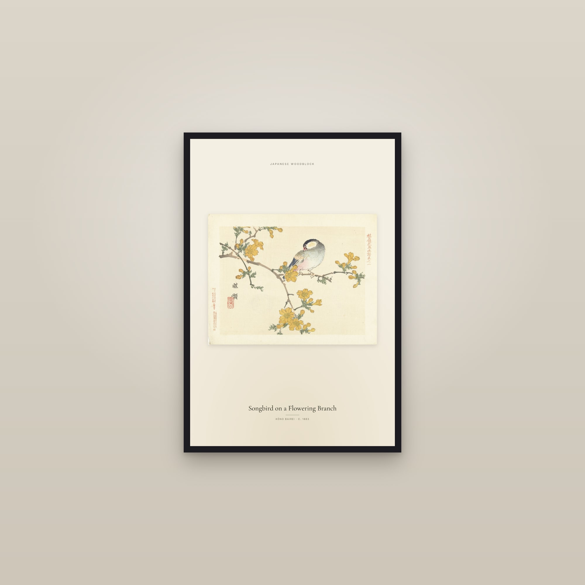 Songbird on a Flowering Branch — framed in a gallery setting