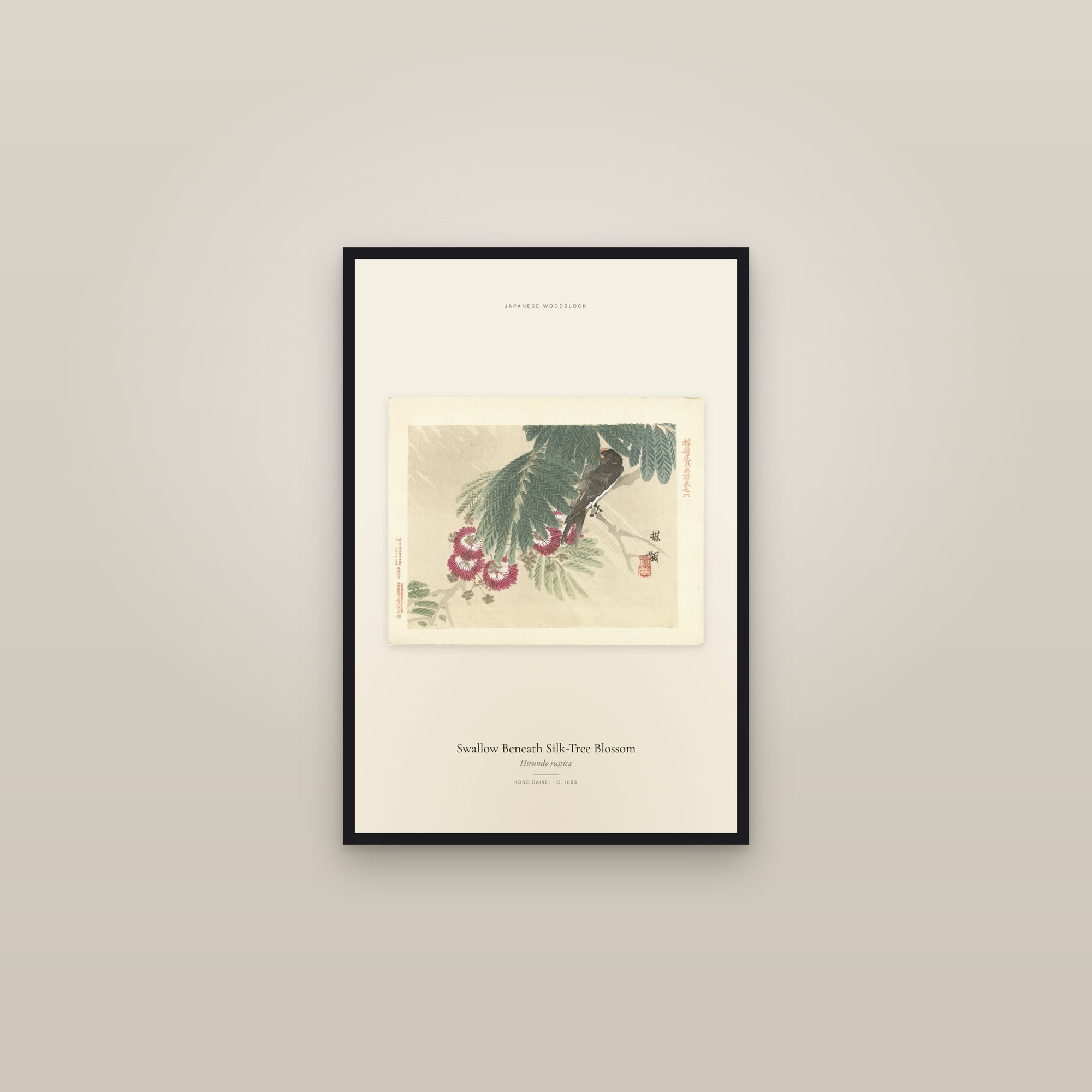 Swallow Beneath Silk-Tree Blossom — framed in a gallery setting