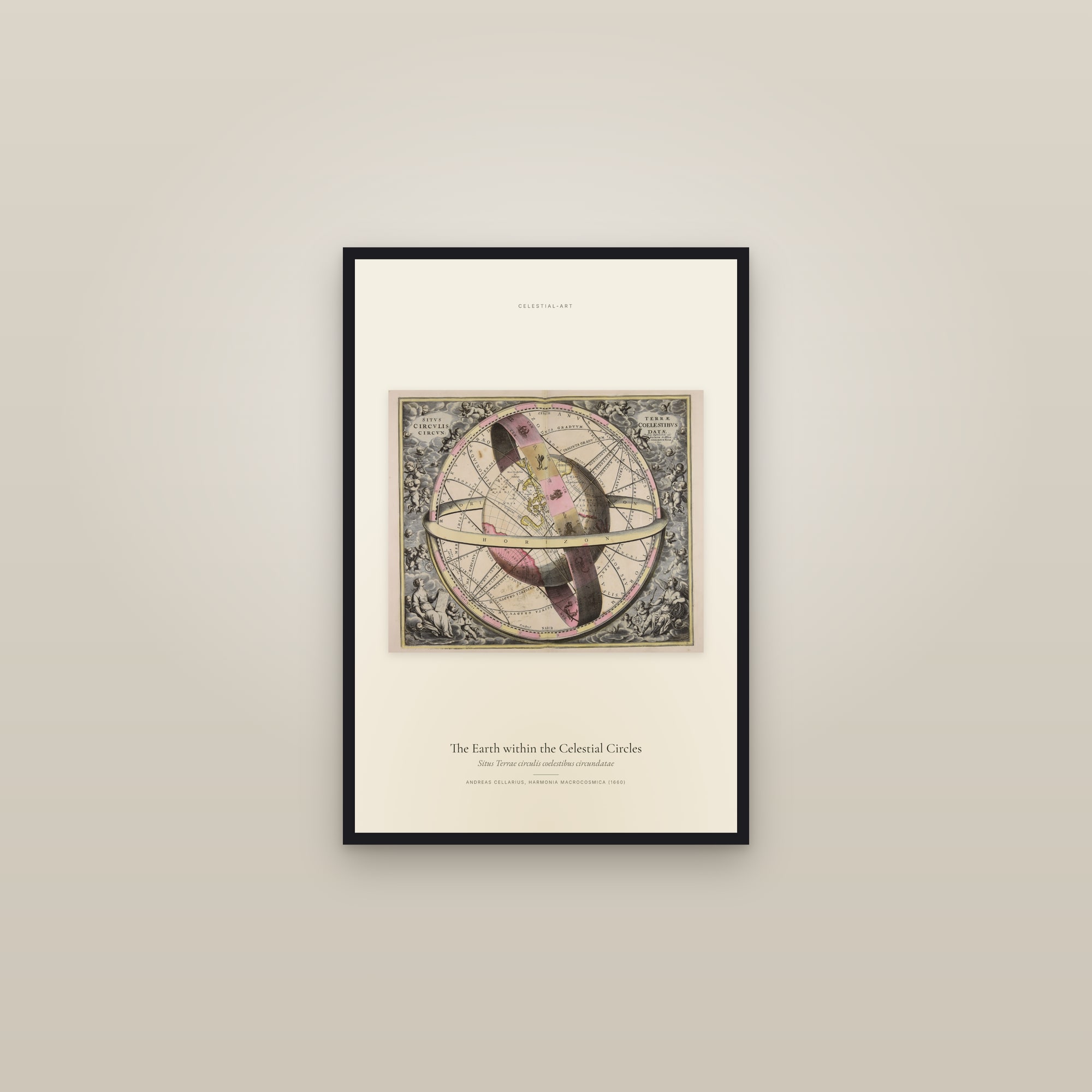 The Earth within the Celestial Circles — framed in a gallery setting