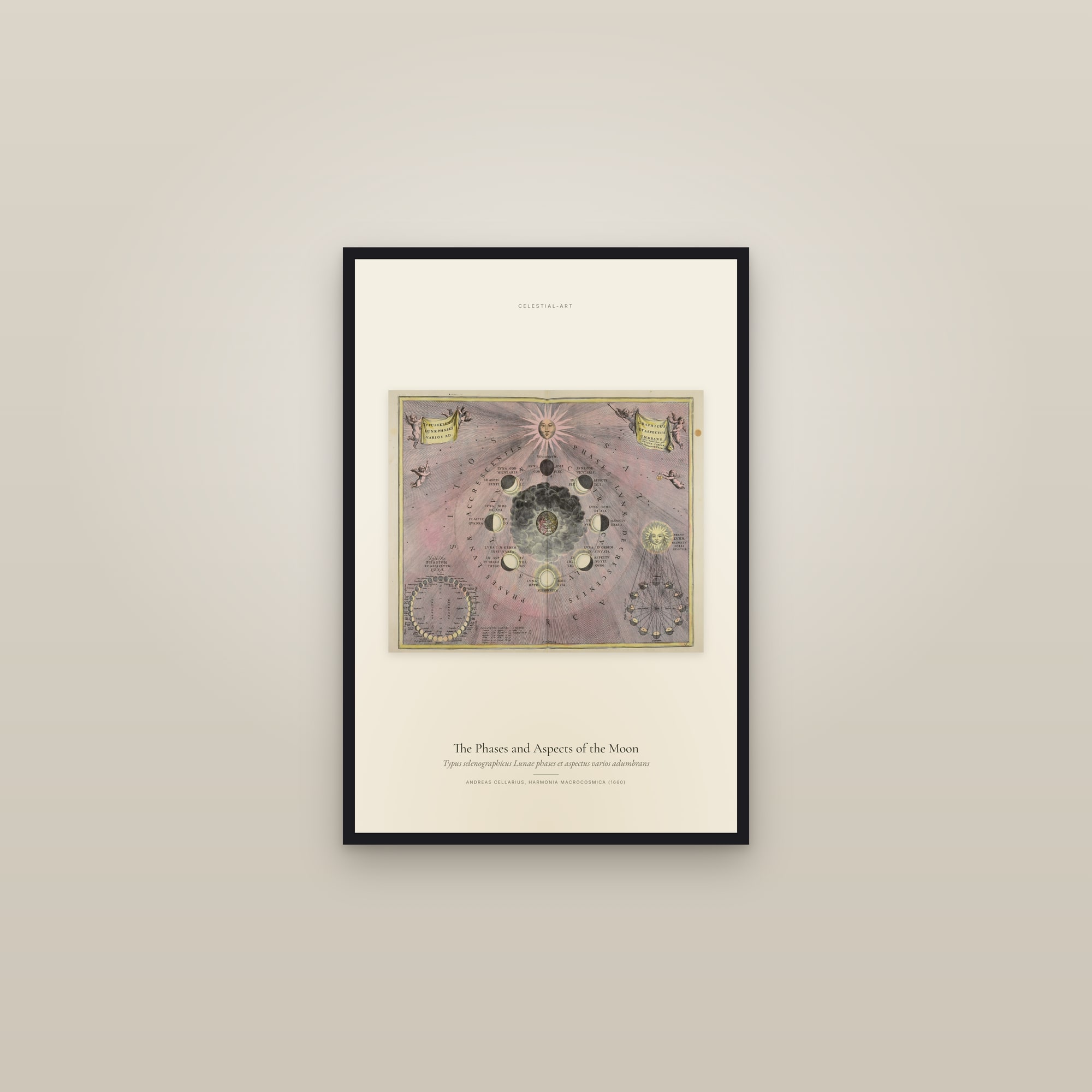 The Phases and Aspects of the Moon — framed in a gallery setting
