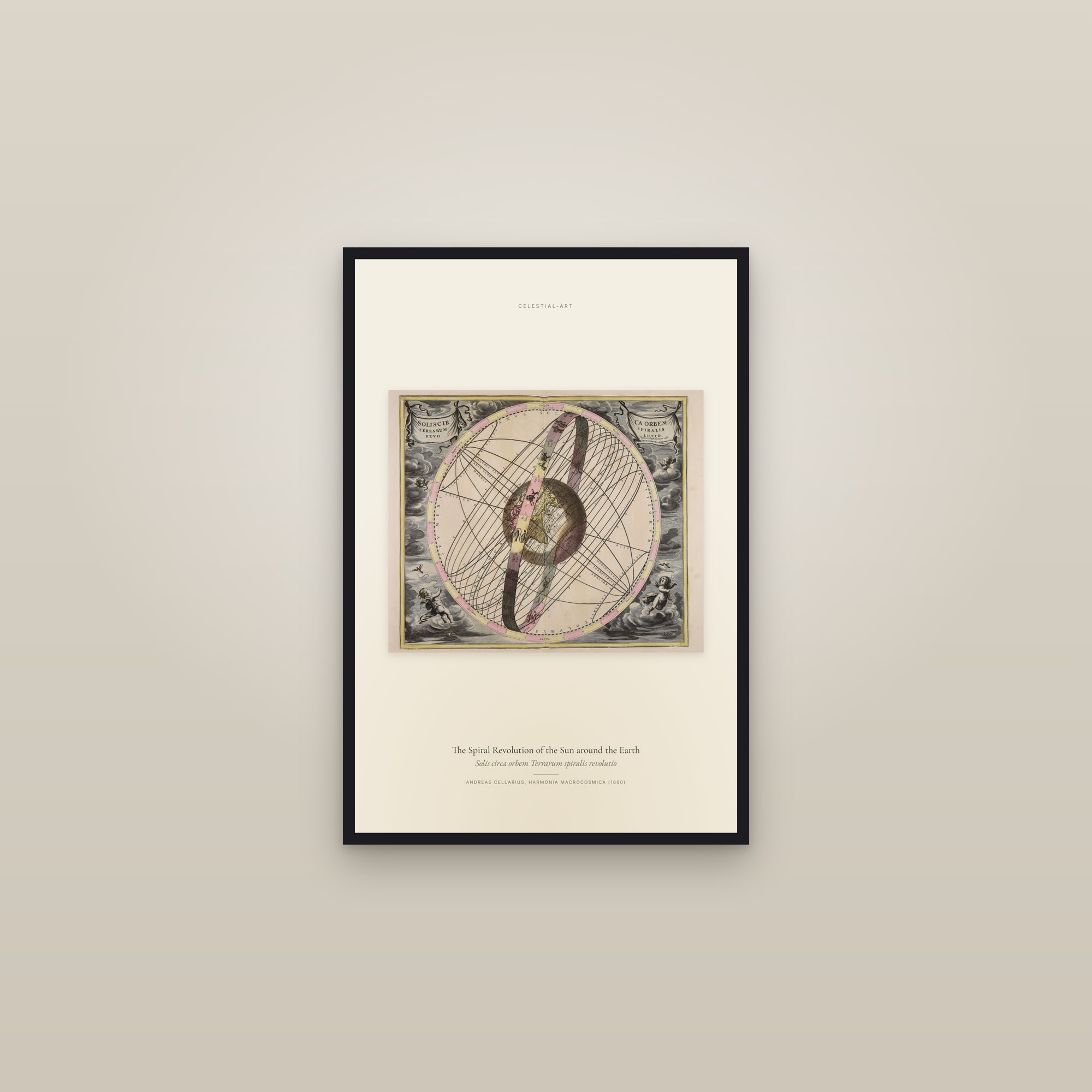 The Spiral Revolution of the Sun around the Earth — framed in a gallery setting