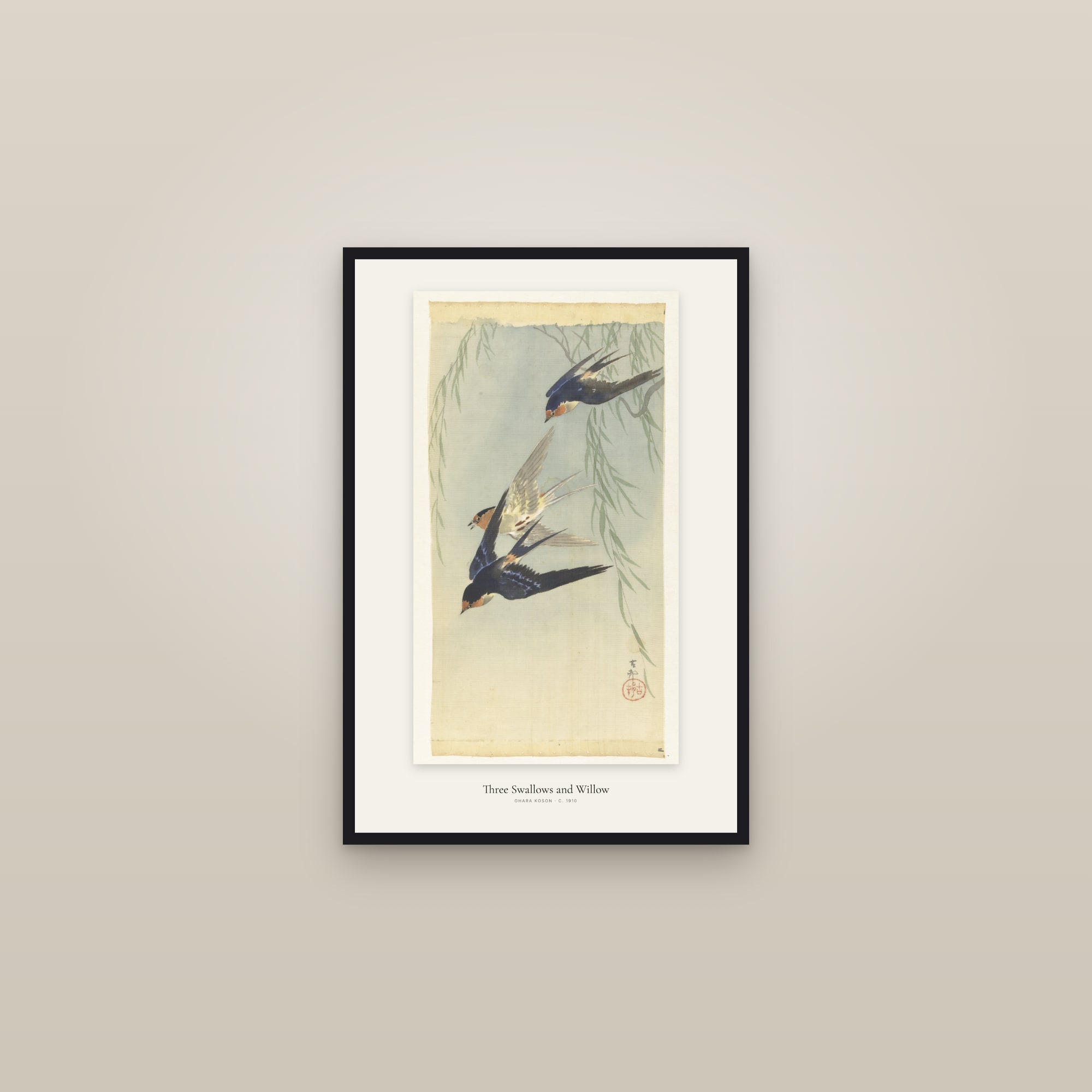 Three Swallows and Willow — framed in a gallery setting