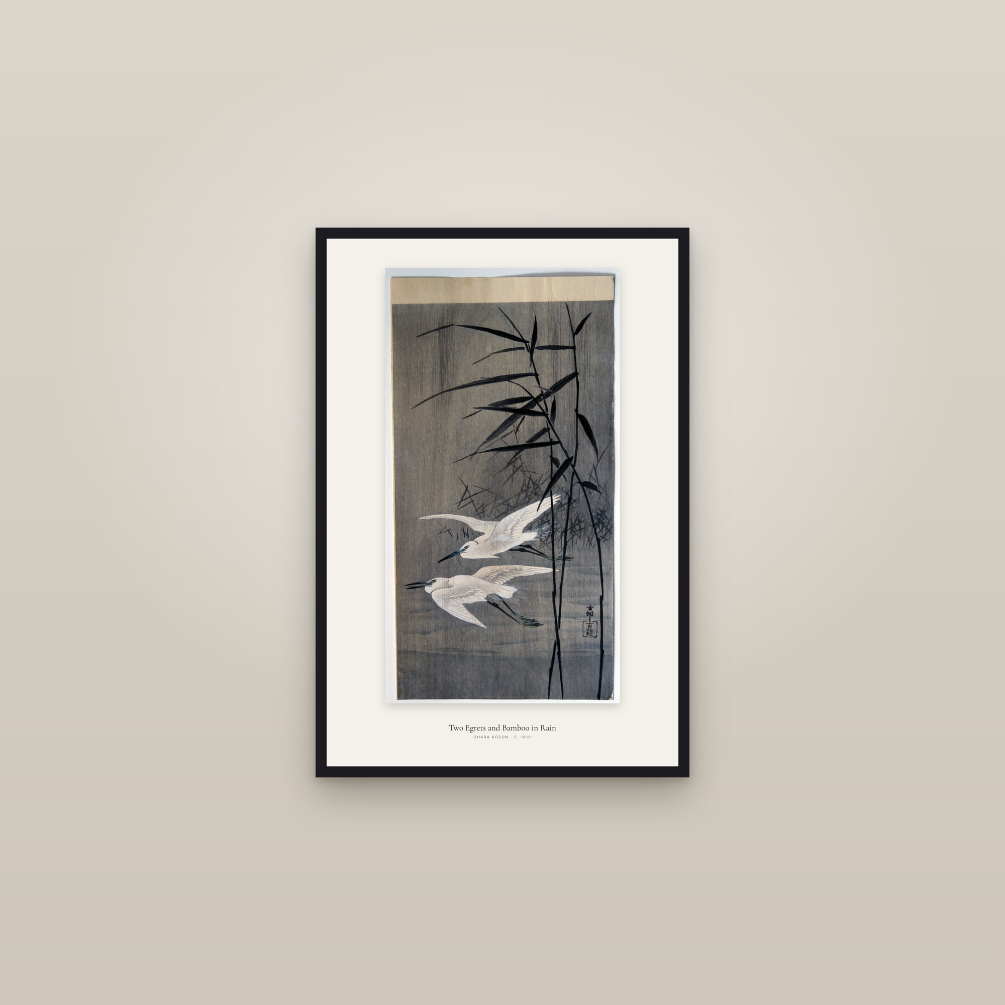 Two Egrets and Bamboo in Rain