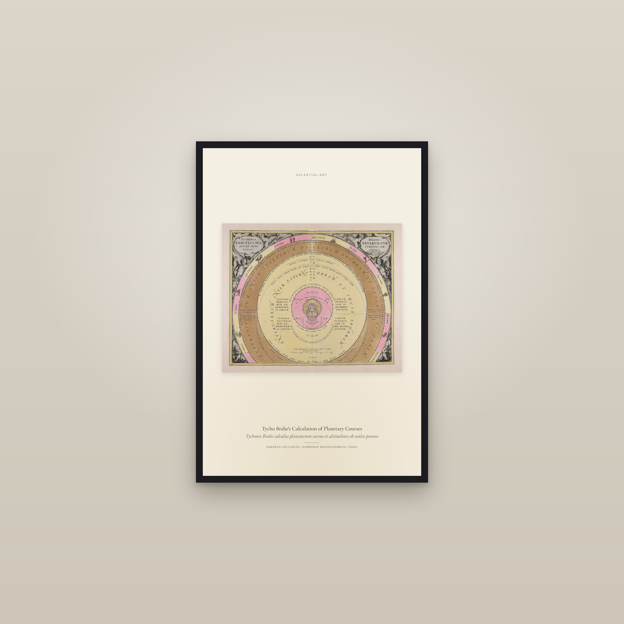 Tycho Brahe's Calculation of Planetary Courses — framed in a gallery setting