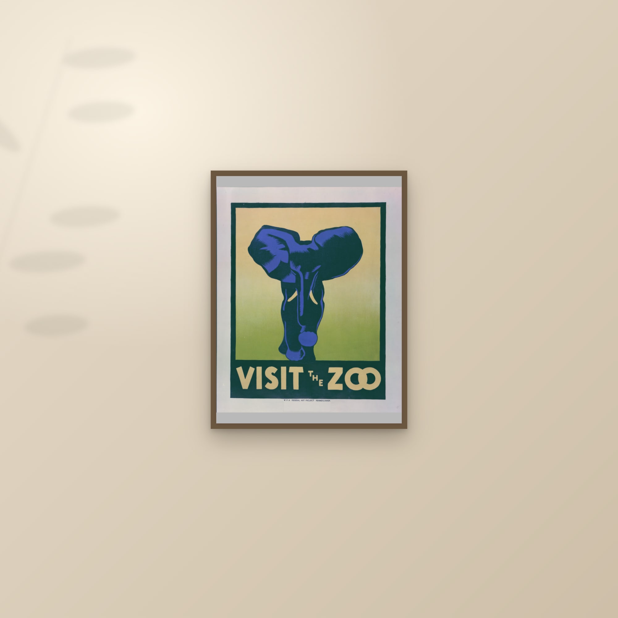 Visit the Zoo (Elephant) — framed and styled on a sunlit wall