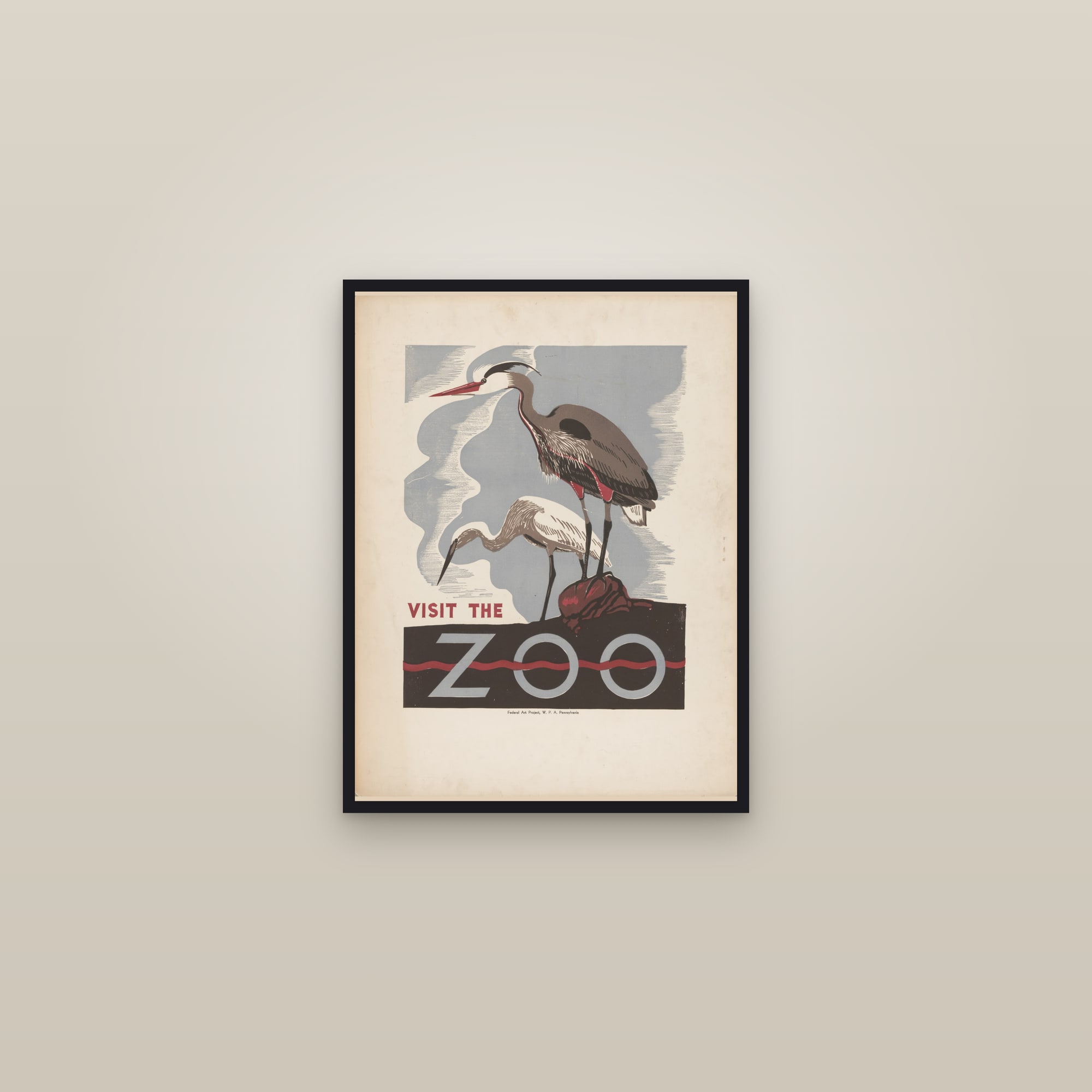 Visit the Zoo (Herons) — framed in a gallery setting