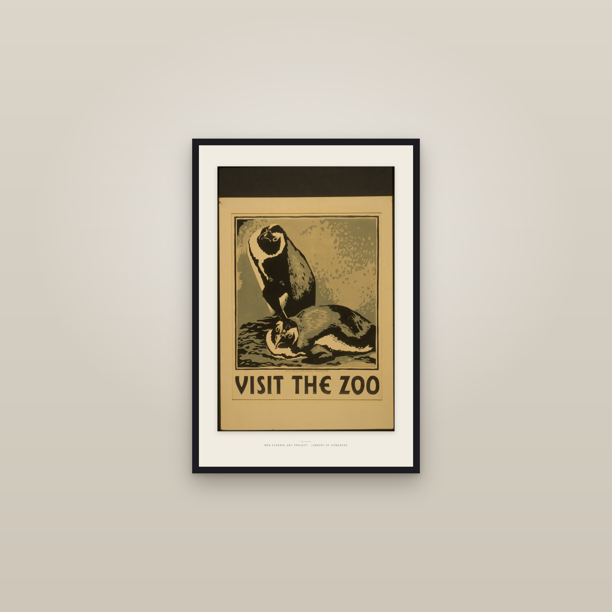 Visit the Zoo (Penguin Pair) — framed in a gallery setting