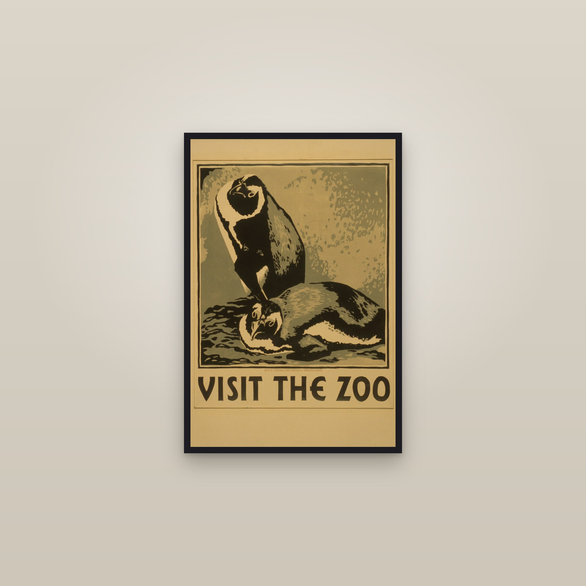 Visit the Zoo (Penguin Pair) — framed in a gallery setting